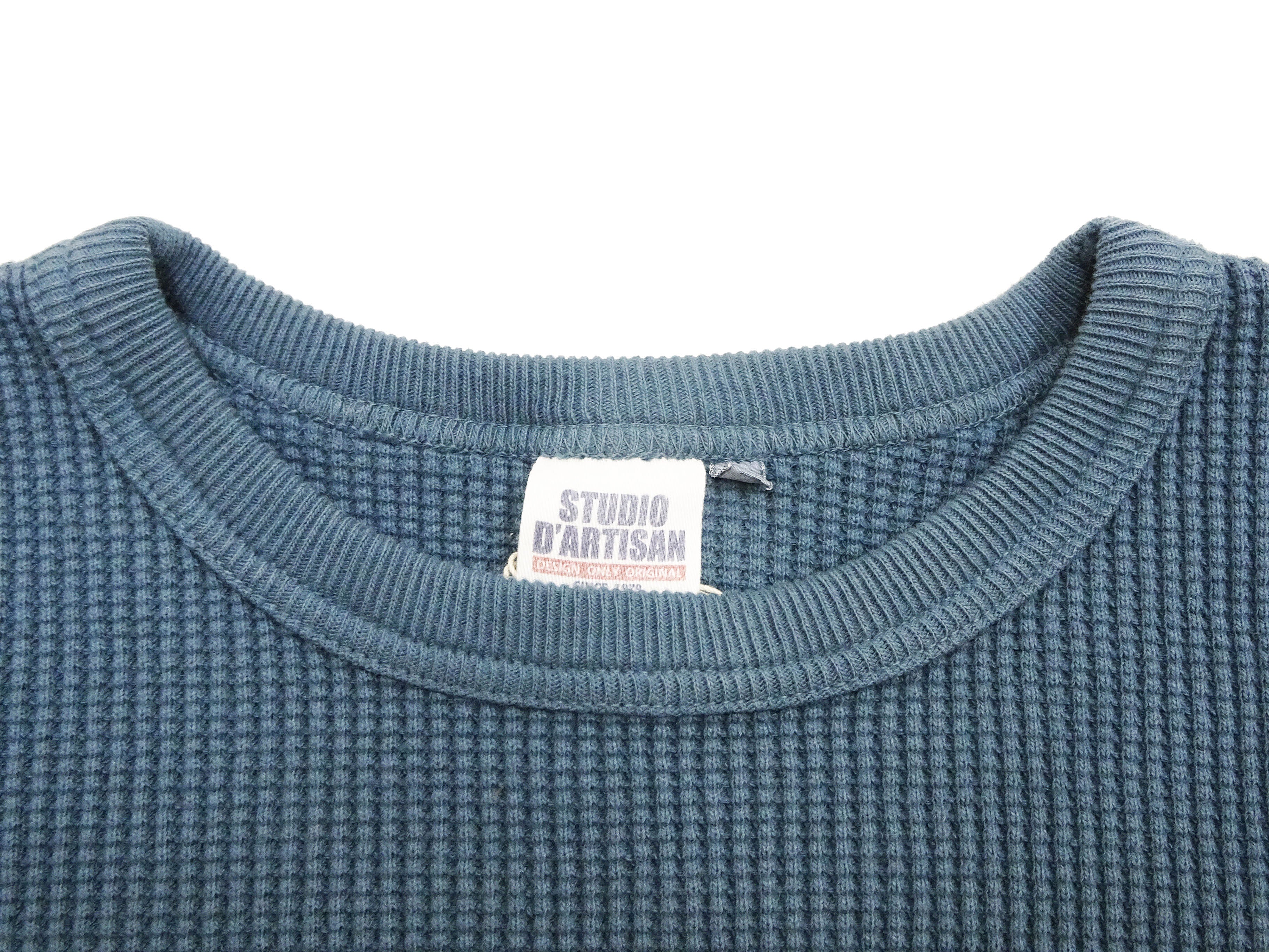 Studio D'Artisan Men's Heavyweight Waffle Knit Thermal Long Sleeve T-Shirt - 100% Cotton, Crew Neck, Ribbed Cuffs, Raw-edge hem, Made in Japan (SDA 9936) Faded-Blue - Image 8