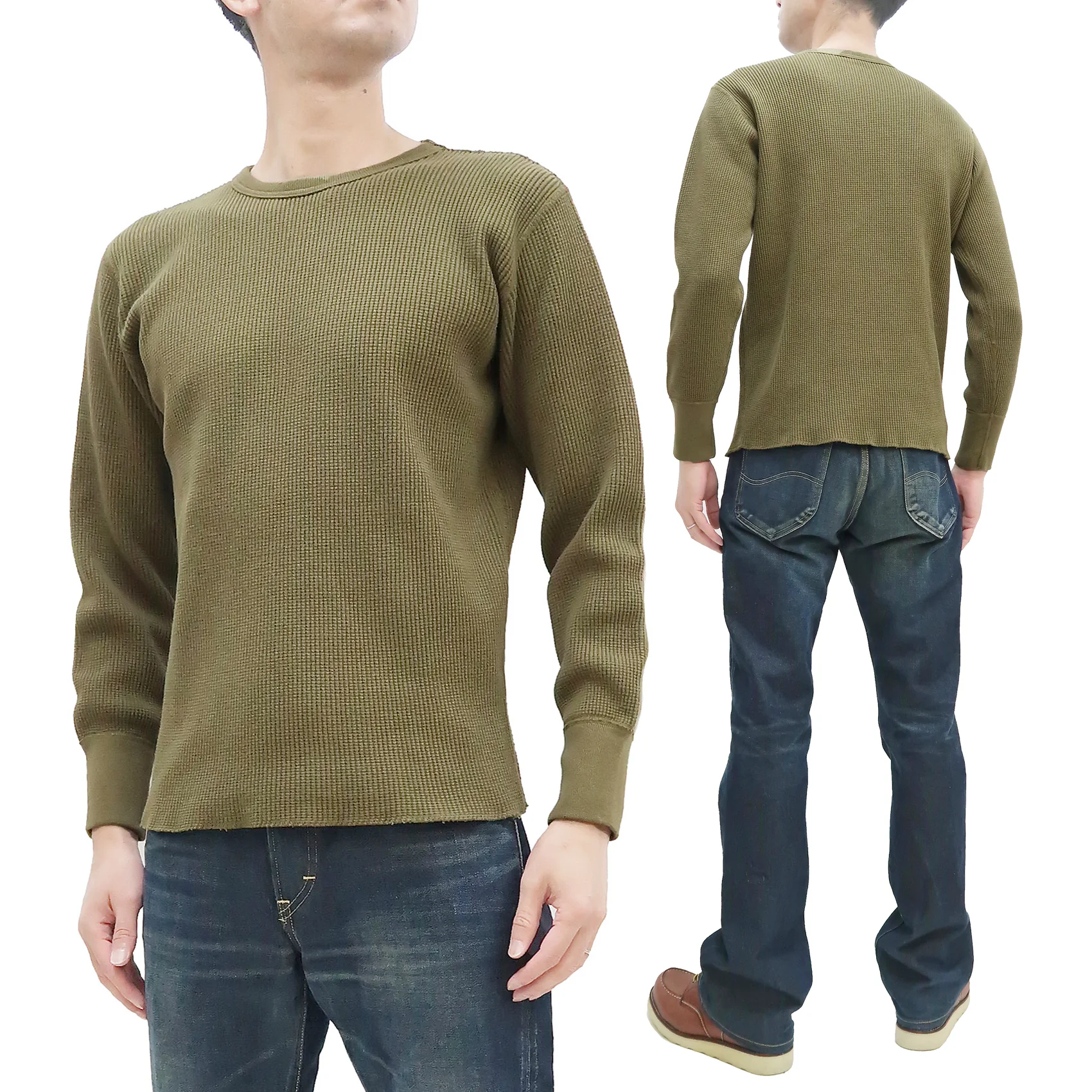 Studio D'Artisan Men's Heavyweight Waffle Knit Thermal Long Sleeve T-Shirt - 100% Cotton, Crew Neck, Ribbed Cuffs, Raw-edge hem, Made in Japan (SDA 9936) Khaki - Image 3