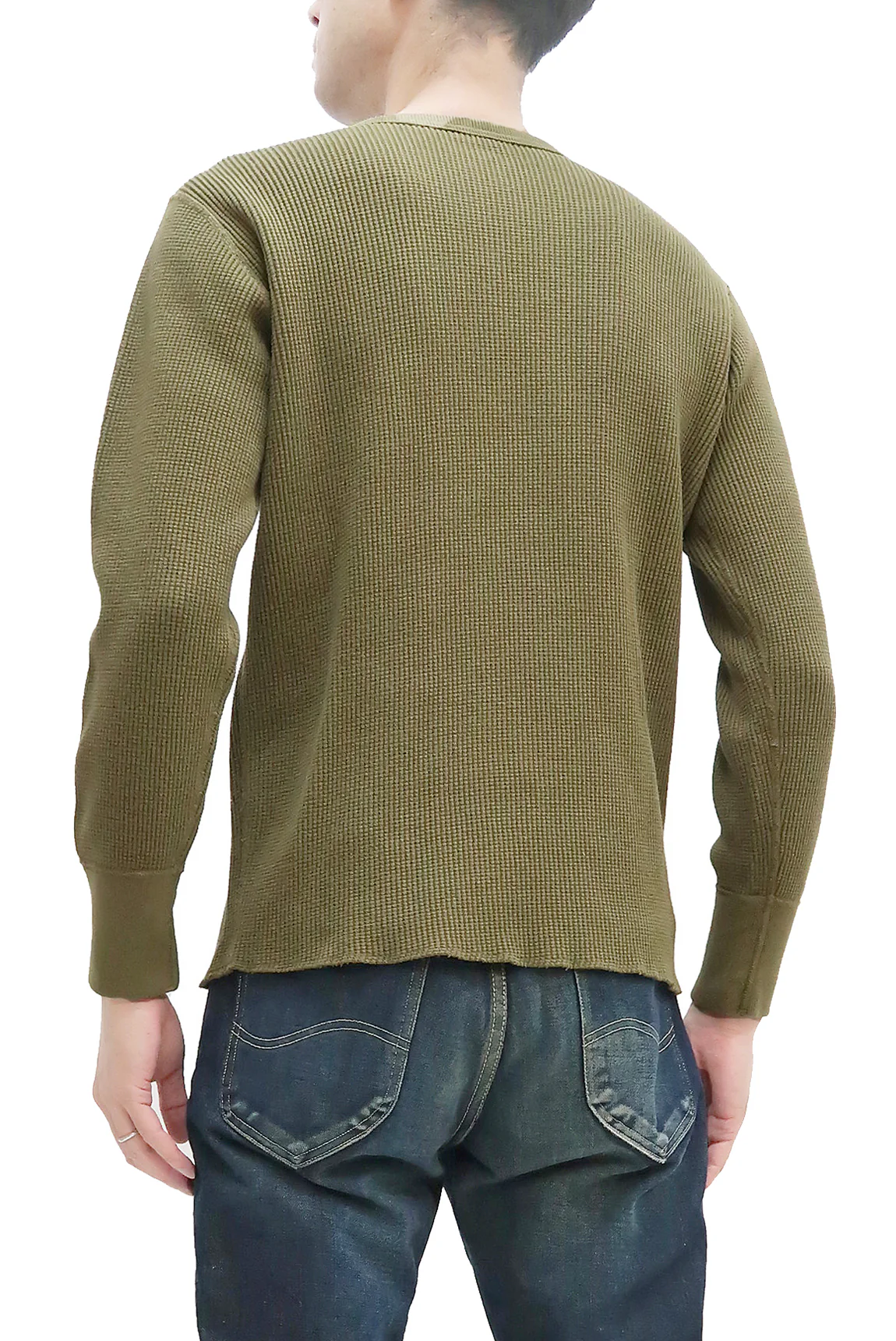 Studio D'Artisan Men's Heavyweight Waffle Knit Thermal Long Sleeve T-Shirt - 100% Cotton, Crew Neck, Ribbed Cuffs, Raw-edge hem, Made in Japan (SDA 9936) Khaki - Image 4