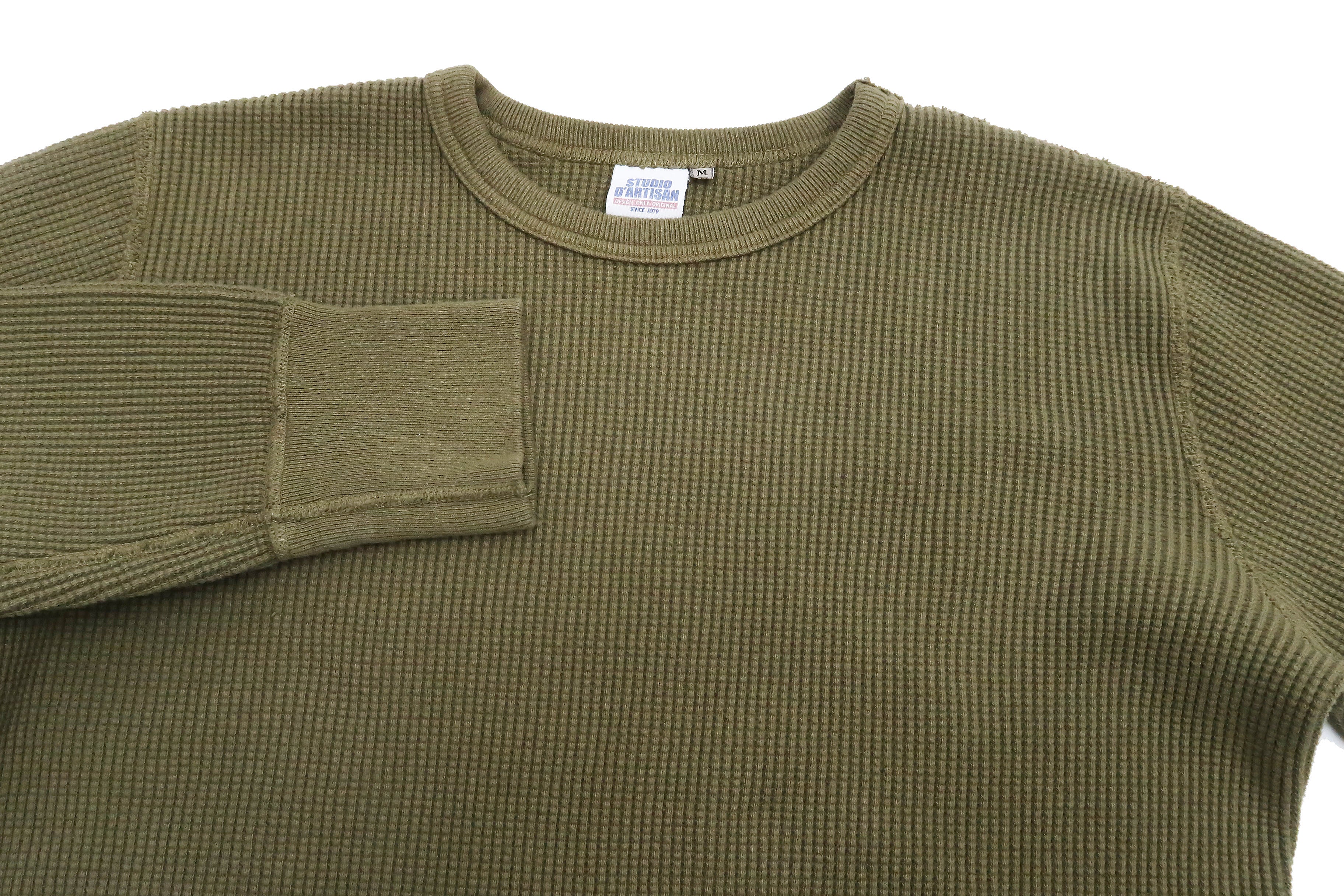 Studio D'Artisan Men's Heavyweight Waffle Knit Thermal Long Sleeve T-Shirt - 100% Cotton, Crew Neck, Ribbed Cuffs, Raw-edge hem, Made in Japan (SDA 9936) Khaki - Image 7