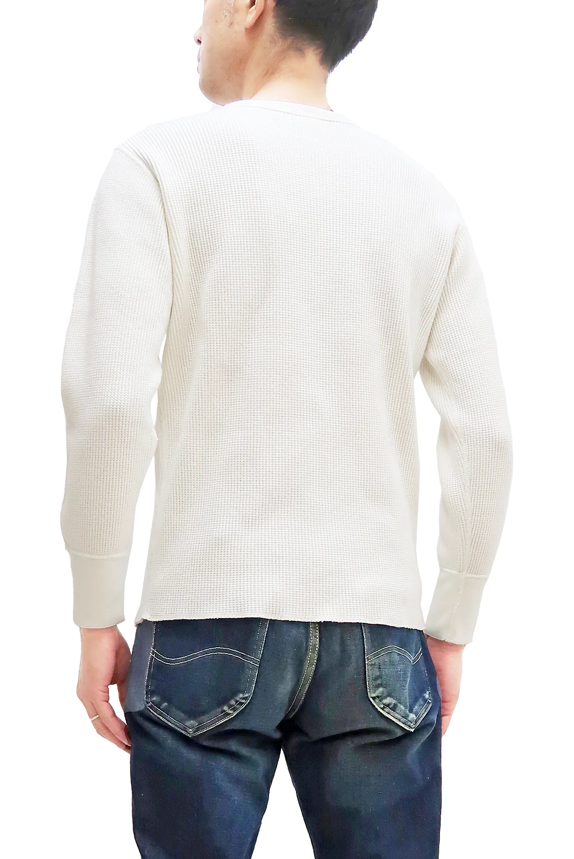 Studio D'Artisan Men's Heavyweight Waffle Knit Thermal Long Sleeve T-Shirt - 100% Cotton, Crew Neck, Ribbed Cuffs, Raw-edge hem, Made in Japan (SDA 9936) White - Image 4