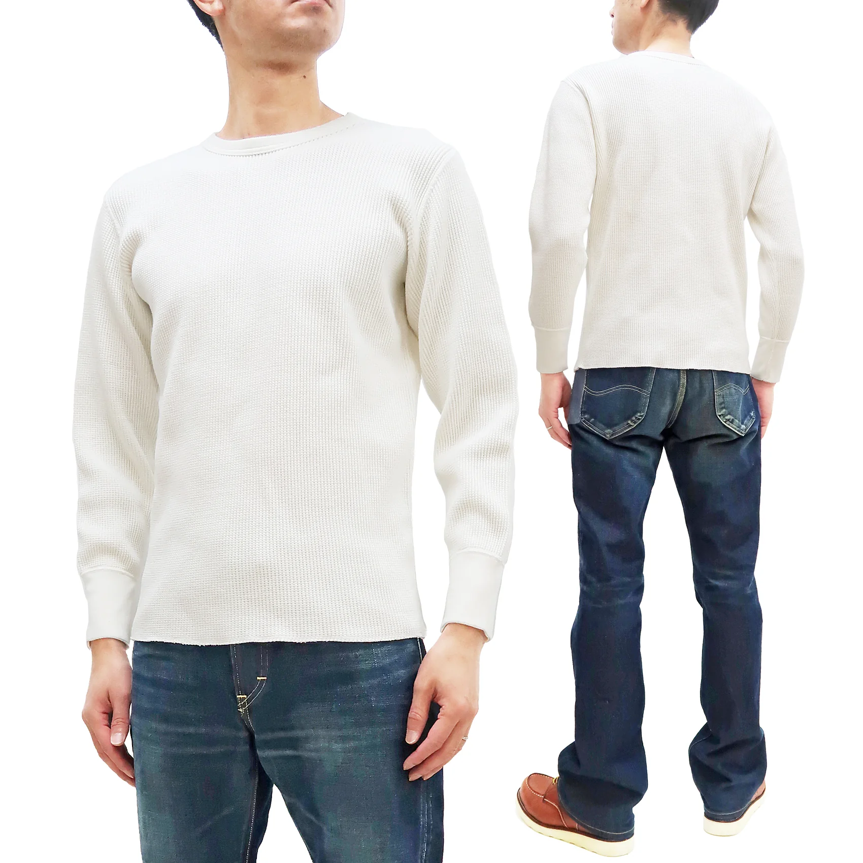 Studio D'Artisan Men's Heavyweight Waffle Knit Thermal Long Sleeve T-Shirt - 100% Cotton, Crew Neck, Ribbed Cuffs, Raw-edge hem, Made in Japan (SDA 9936) White - Image 5