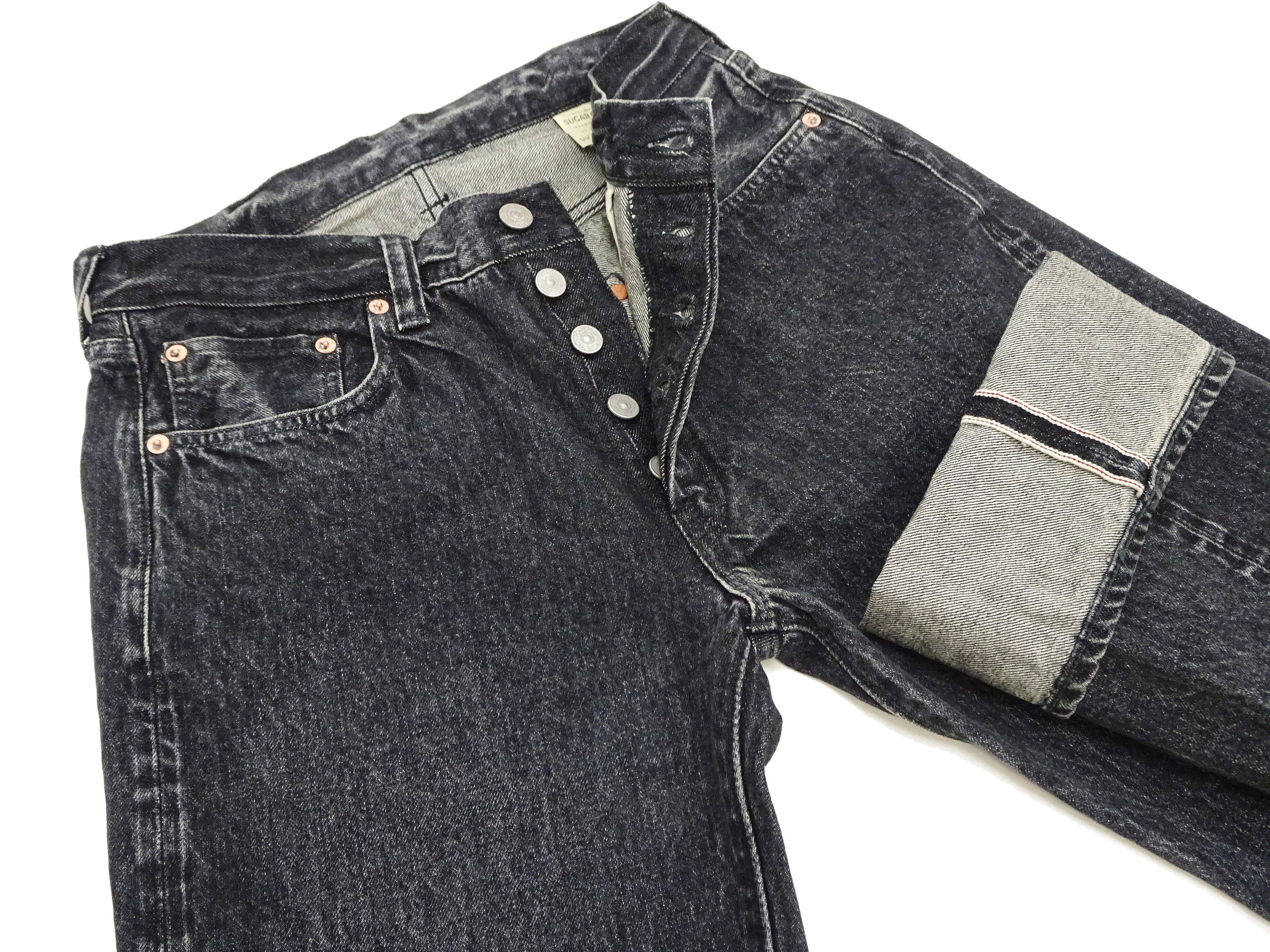 Sugar Cane Black Denim Jeans SC42460H Men's Classic Regular Straight Fit 14.25 oz. Pre-Aged Black Denim Pants 1947 Model - Image 7