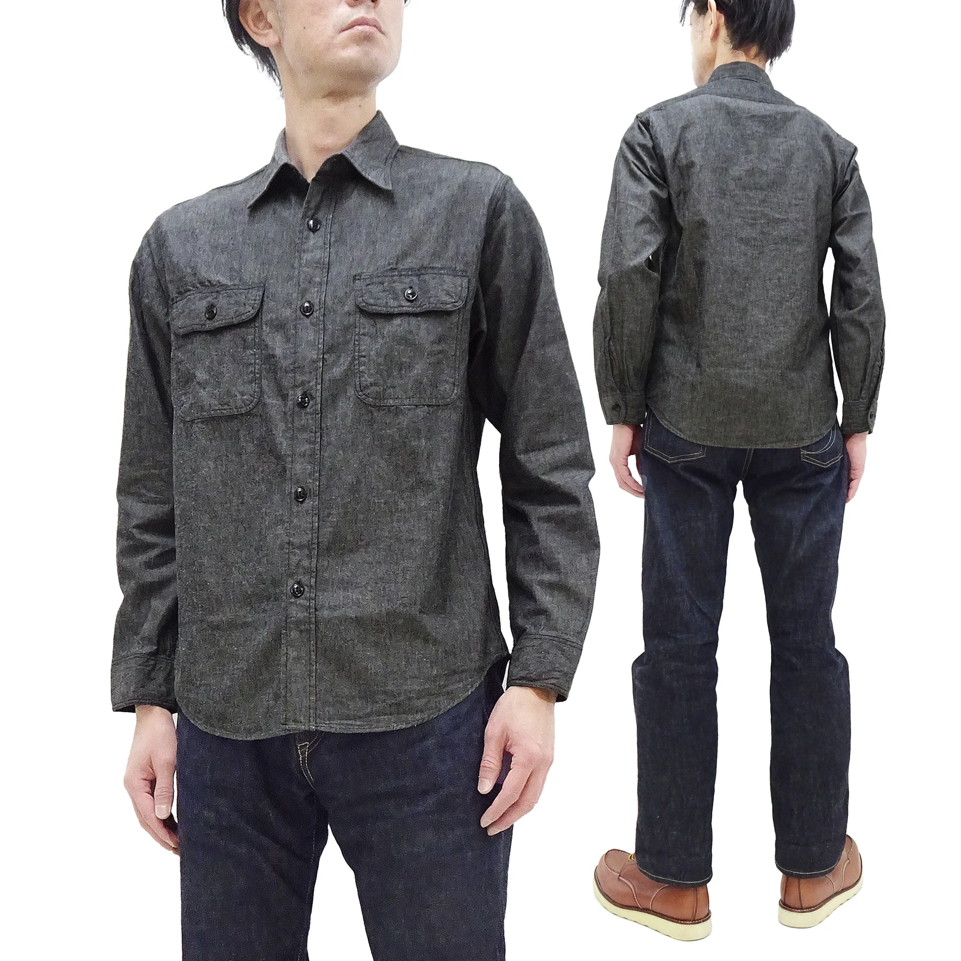 Sugar Cane Chambray Shirt Men's Lightweight Long Sleeve Button Up Plain Work Shirt SC29159 411 Black - Image 5