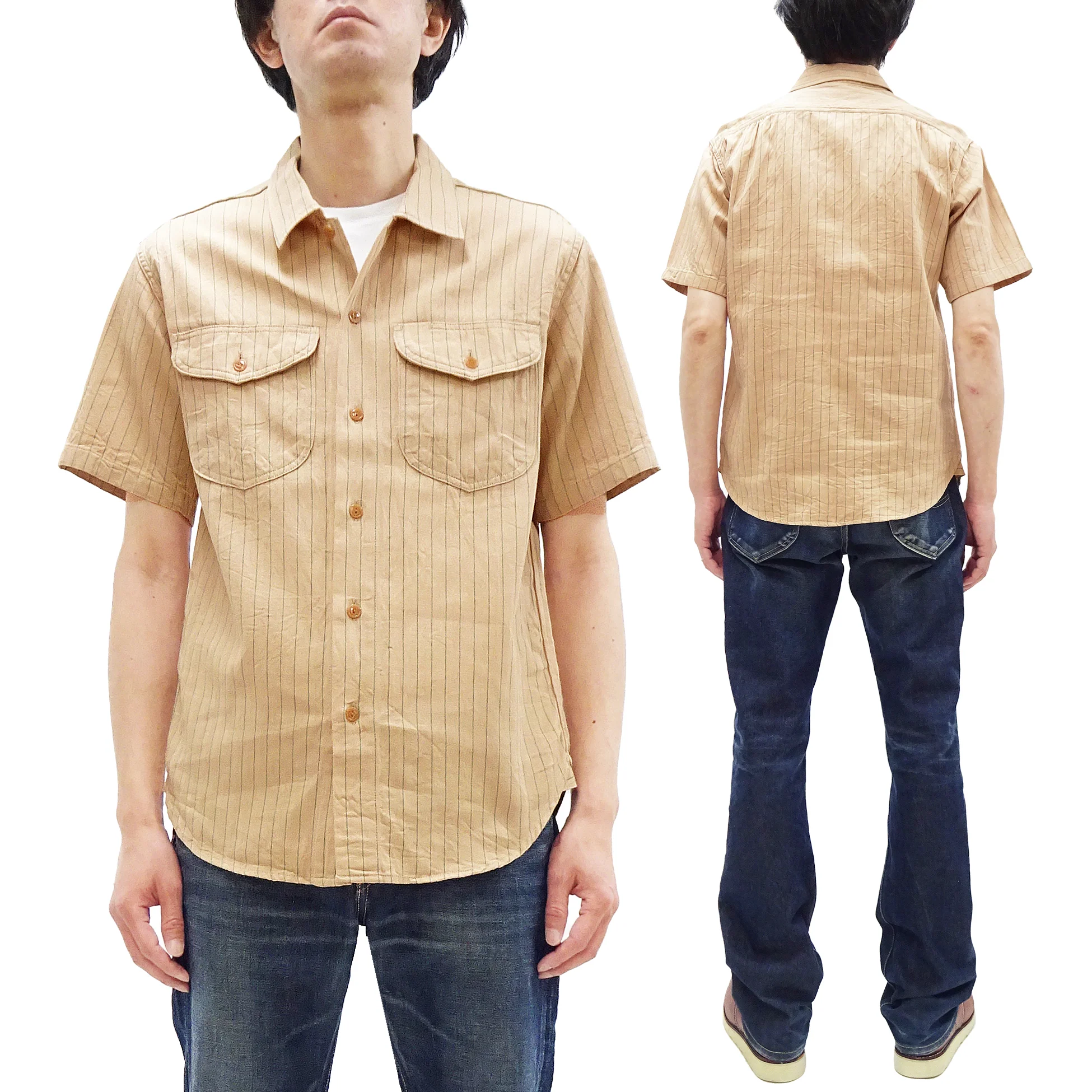 Sugar Cane Coke Stripe Work Shirt - Men's Casual Short Sleeve Pinstripe Button Up Shirt SC38699 133 Beige - Image 5
