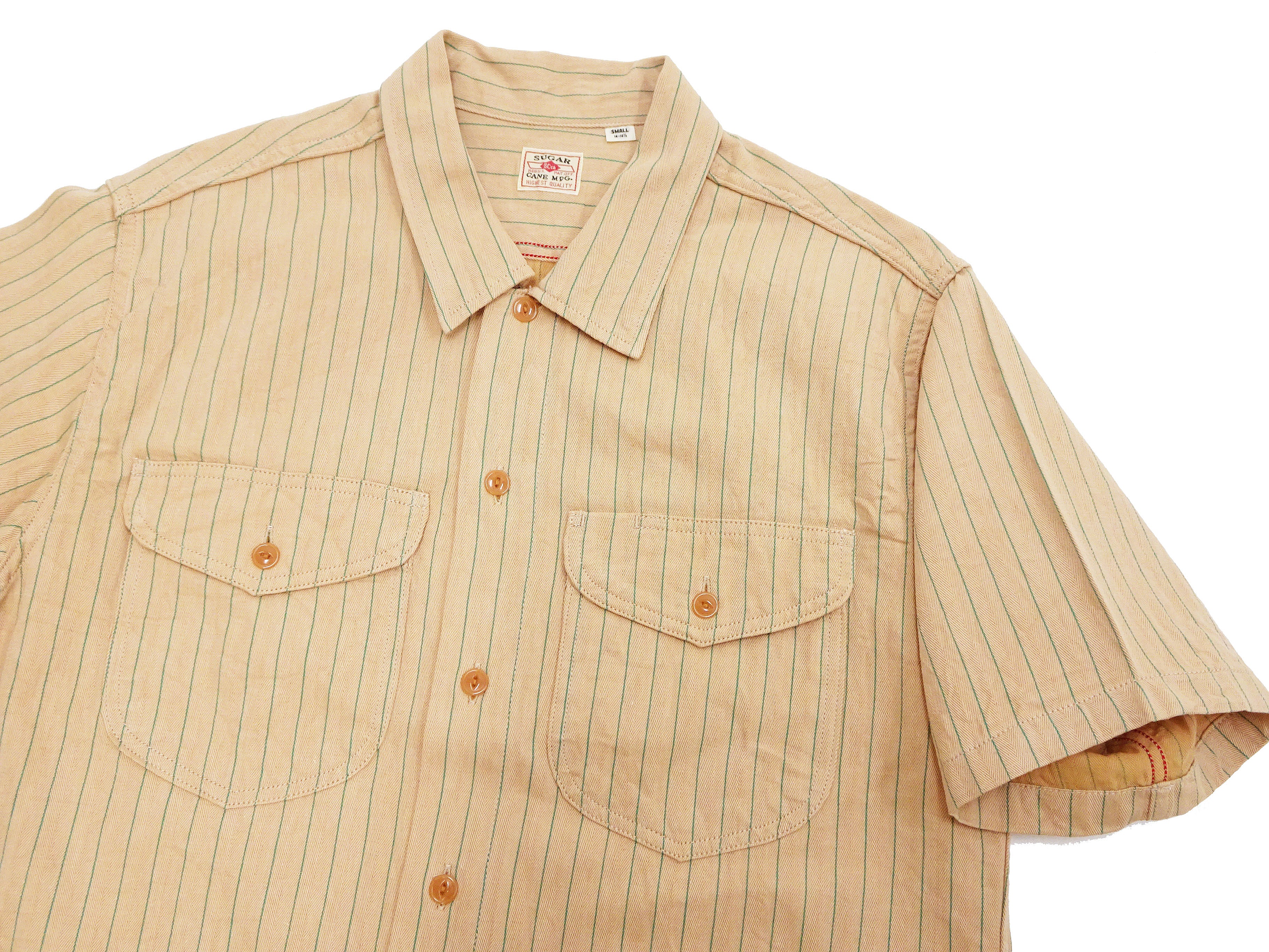 Sugar Cane Coke Stripe Work Shirt - Men's Casual Short Sleeve Pinstripe Button Up Shirt SC38699 133 Beige - Image 7