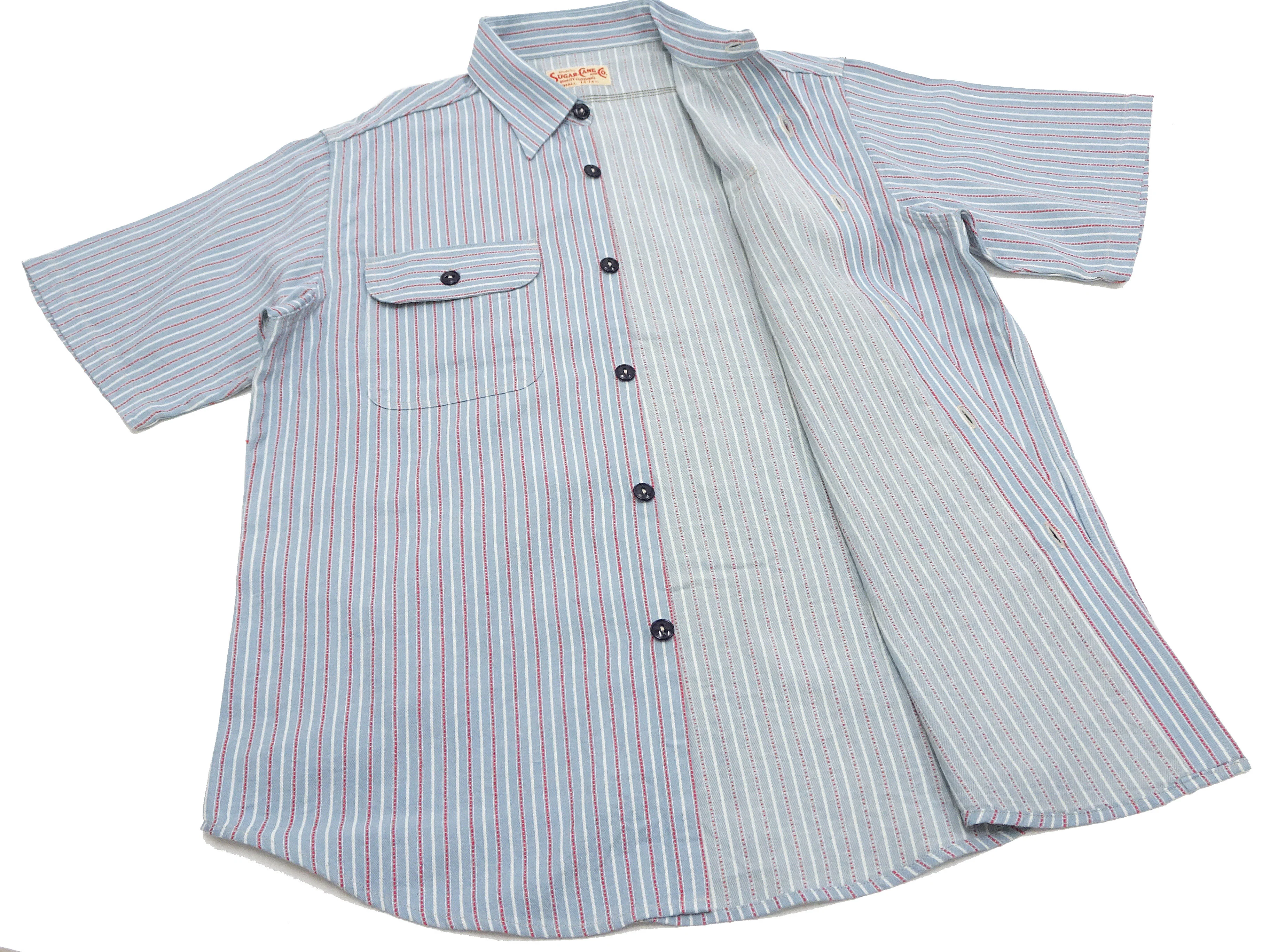 Sugar Cane Cotton Dobby Stripe Shirt Men's Casual Short Sleeve Button Up Work Shirt Vertical Multi-Striped Pattern SC39306 125 Blue - Image 10