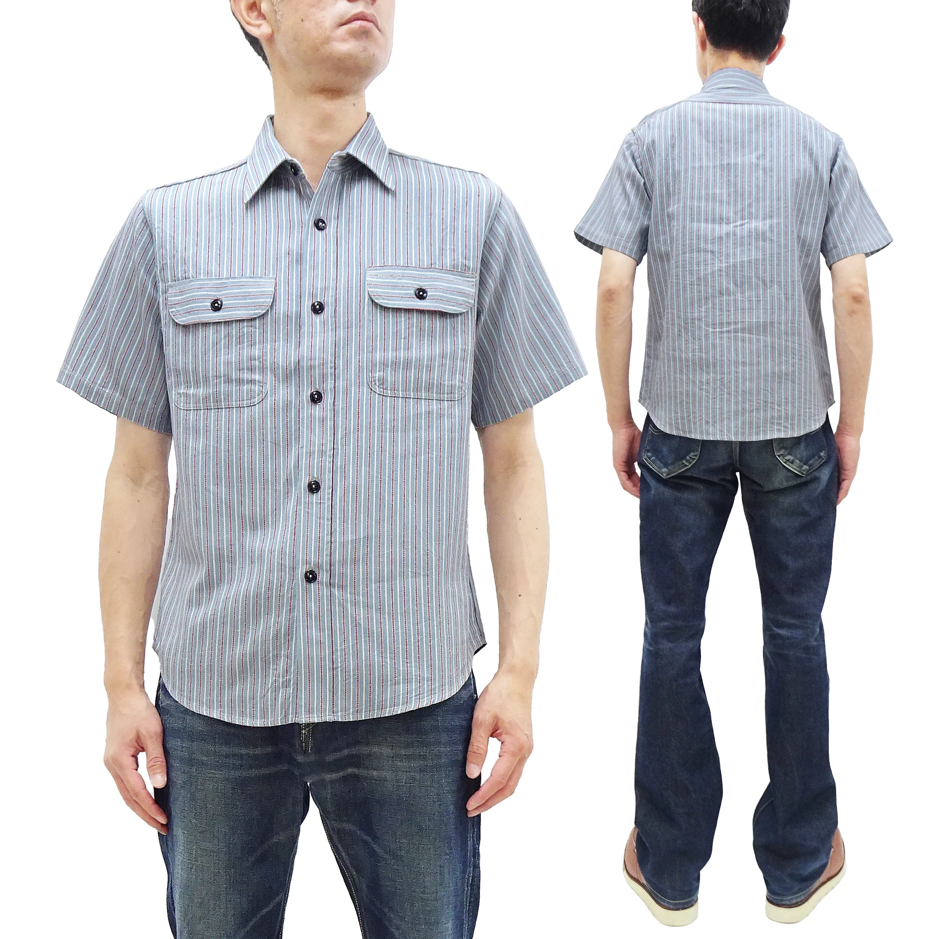 Sugar Cane Cotton Dobby Stripe Shirt Men's Casual Short Sleeve Button Up Work Shirt Vertical Multi-Striped Pattern SC39306 125 Blue - Image 5