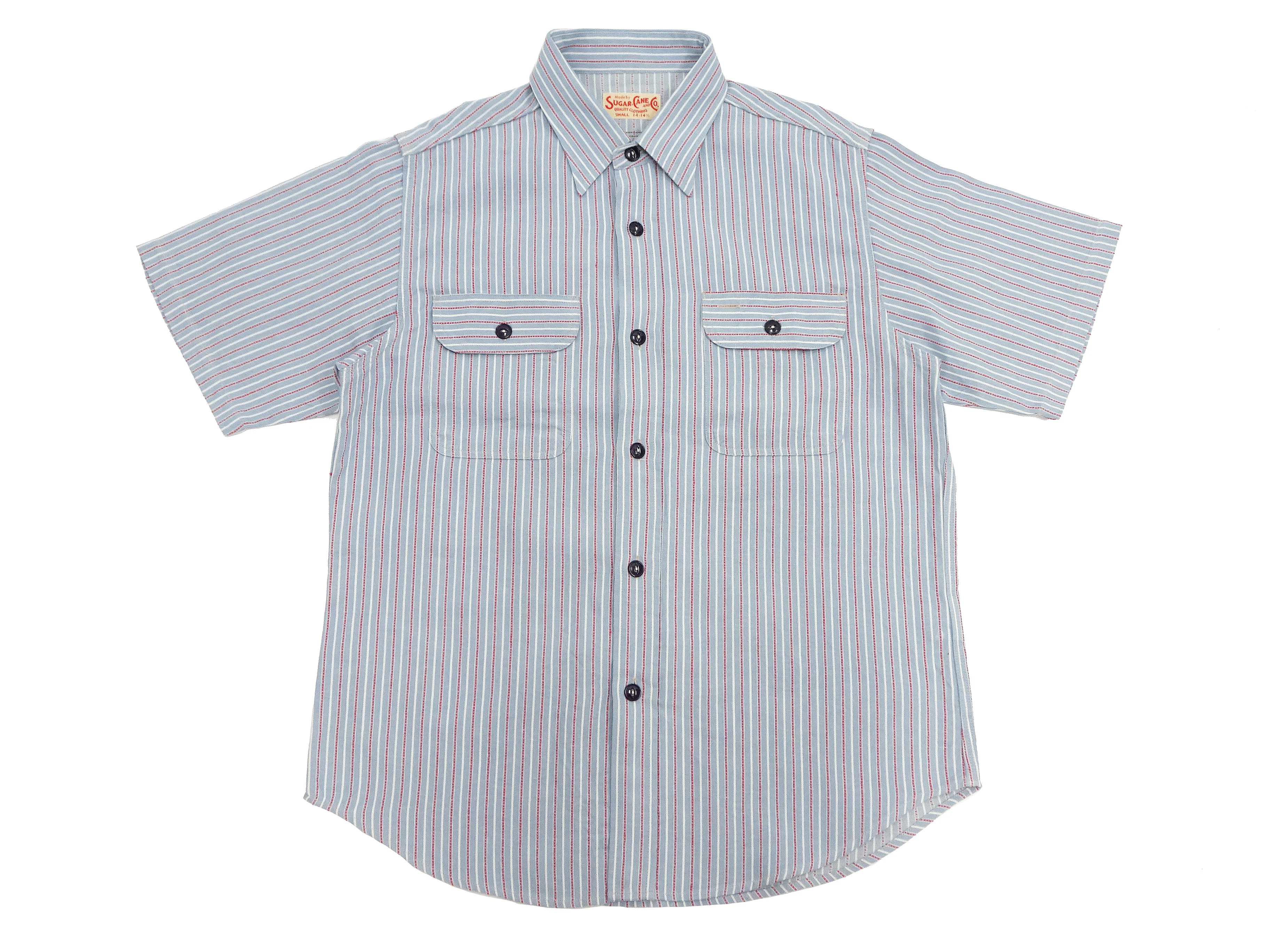 Sugar Cane Cotton Dobby Stripe Shirt Men's Casual Short Sleeve Button Up Work Shirt Vertical Multi-Striped Pattern SC39306 125 Blue - Image 6