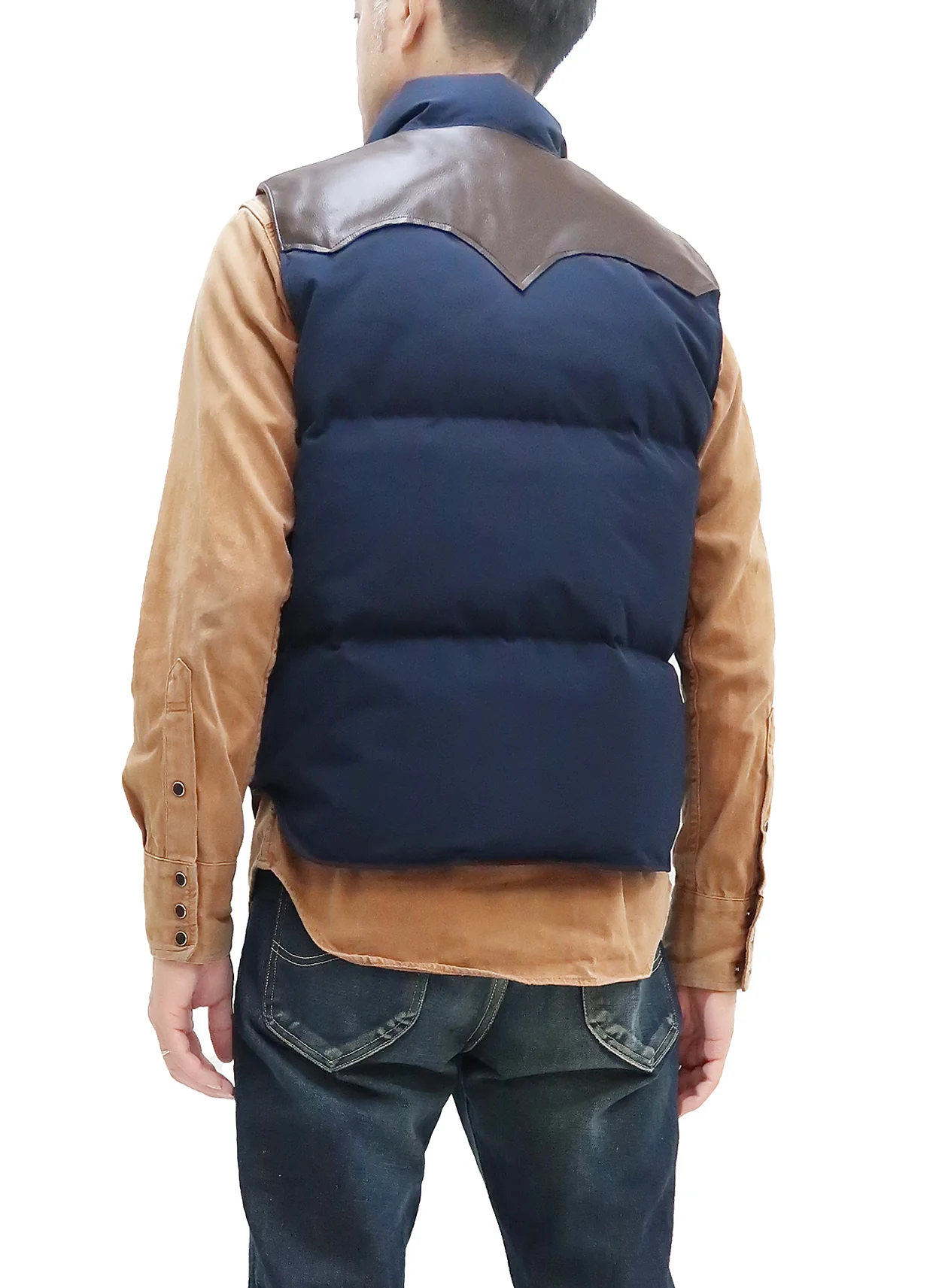 Sugar Cane Down Vest with Leather Yoke Panel Men's Winter Outerwear Vest SC15222 128 Navy-Blue/Brown - Image 5