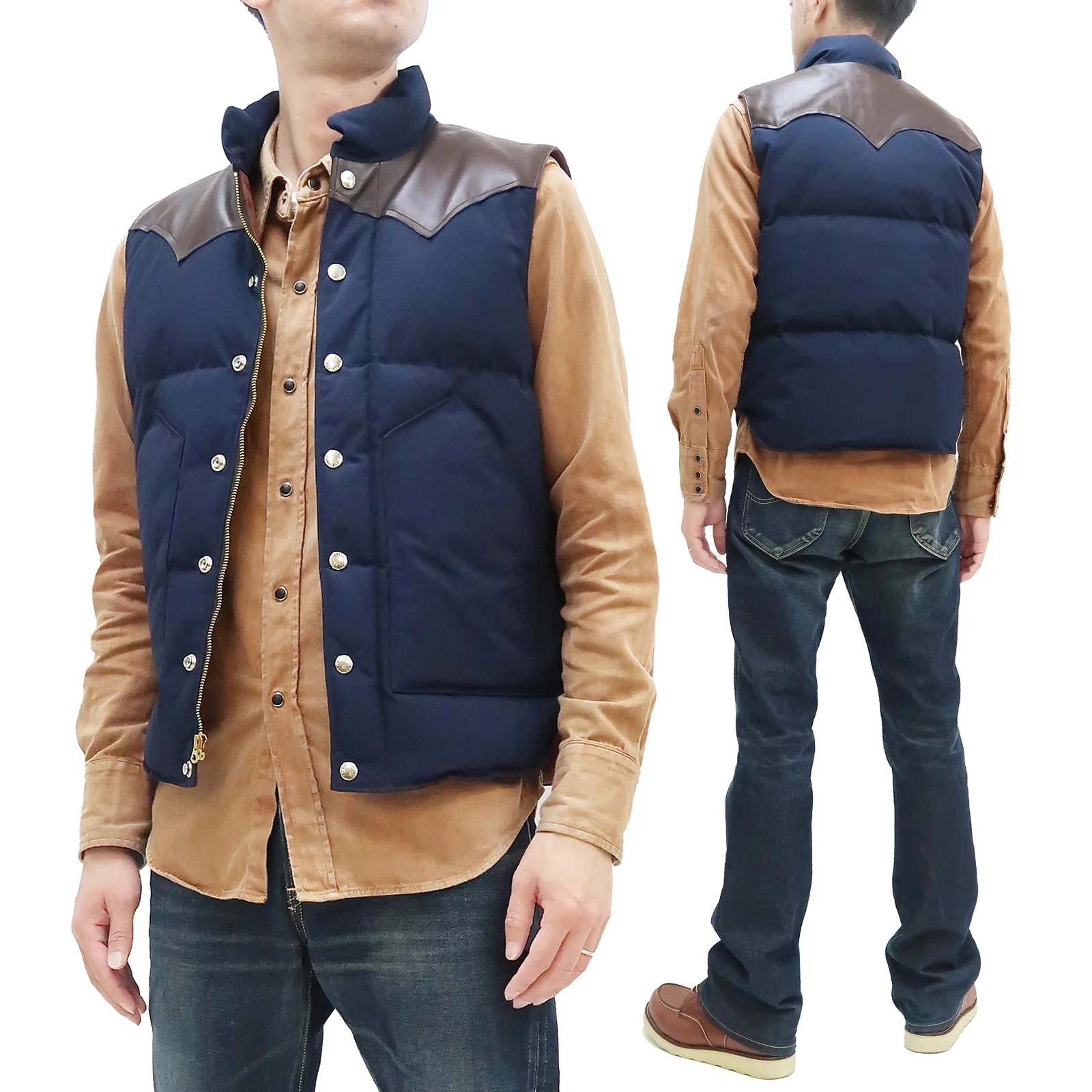 Sugar Cane Down Vest with Leather Yoke Panel Men's Winter Outerwear Vest SC15222 128 Navy-Blue/Brown - Image 6