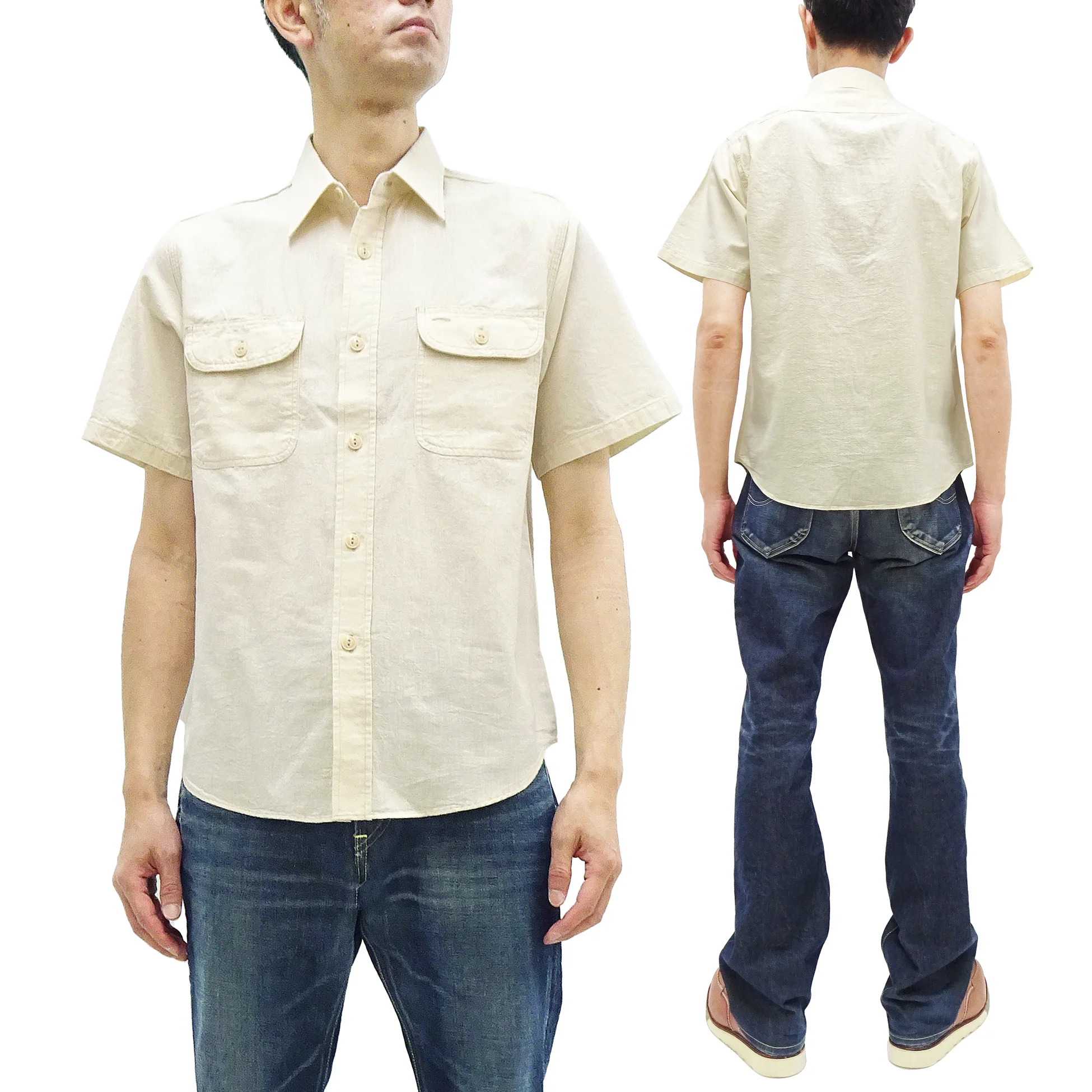 Sugar Cane Ecru Chambray Shirt Men's Casual Short Sleeve Plain Button Up Work Shirt SC37942 401 Ecru One Wash - Image 5