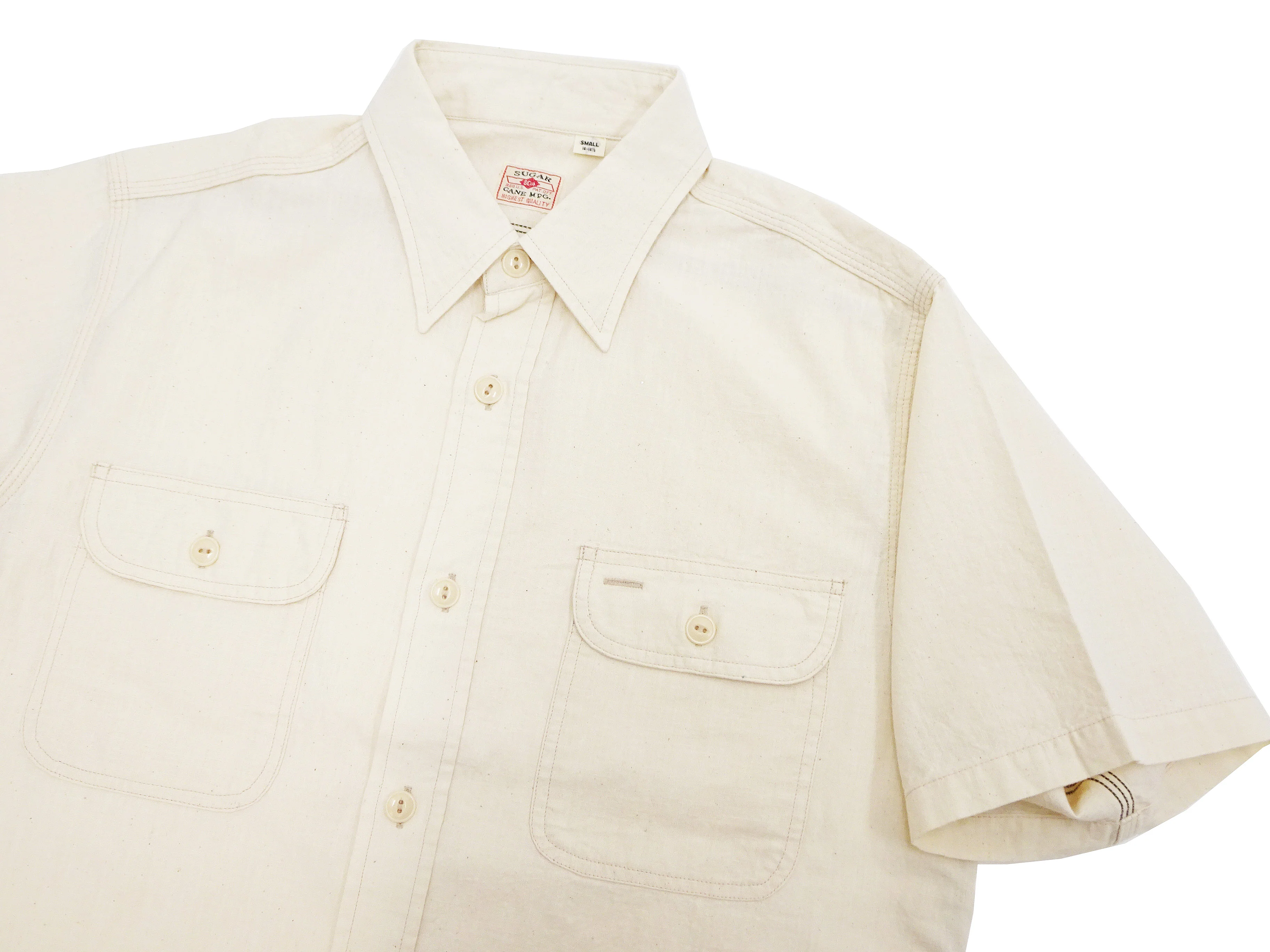 Sugar Cane Ecru Chambray Shirt Men's Casual Short Sleeve Plain Button Up Work Shirt SC37942 401 Ecru One Wash - Image 7