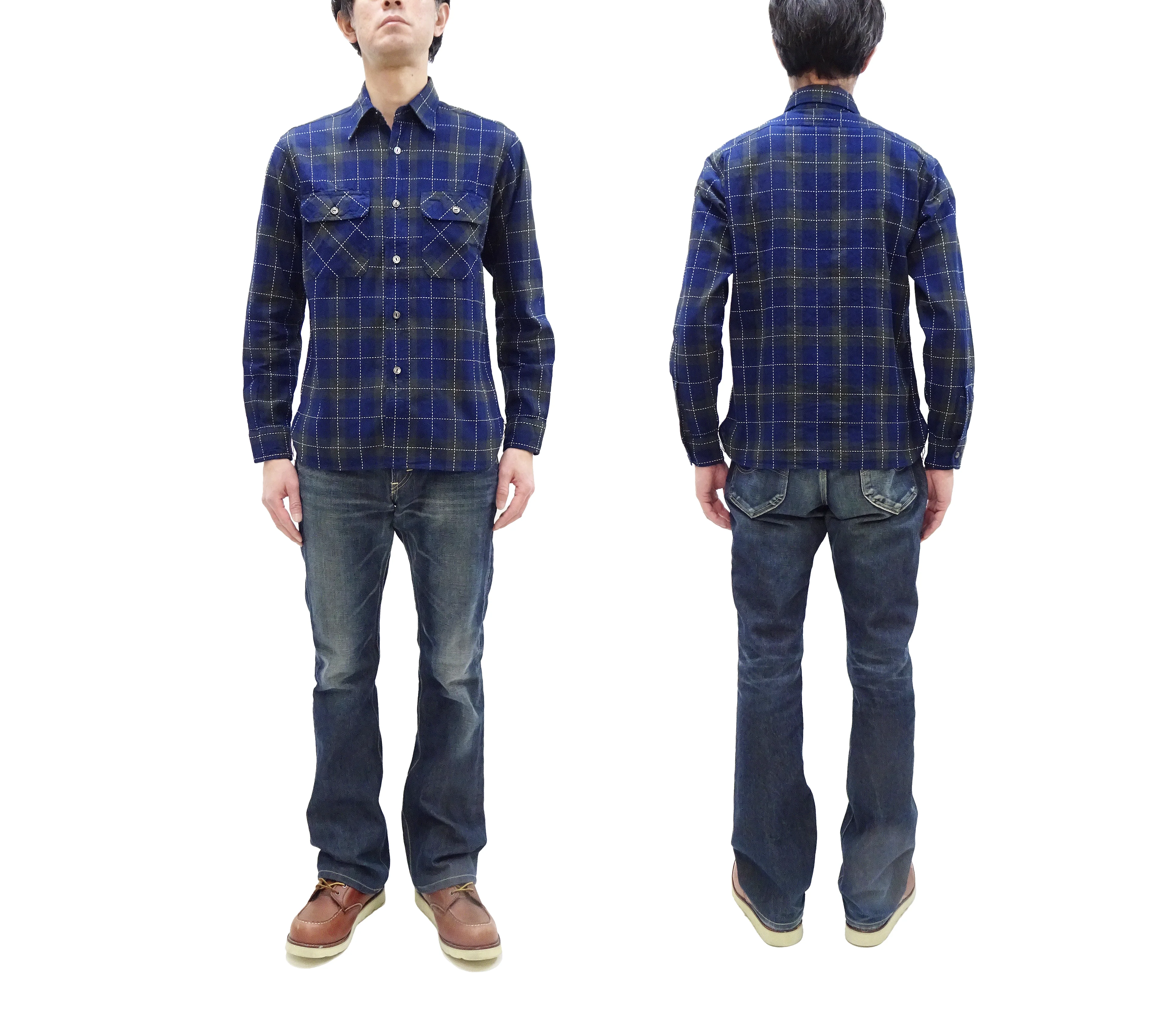 Sugar Cane Indigo Plaid Shirt Men's Japanese Style Sashiko Long Sleeve Button Up Work Shirt Fiction Romance SC29397 - Image 3