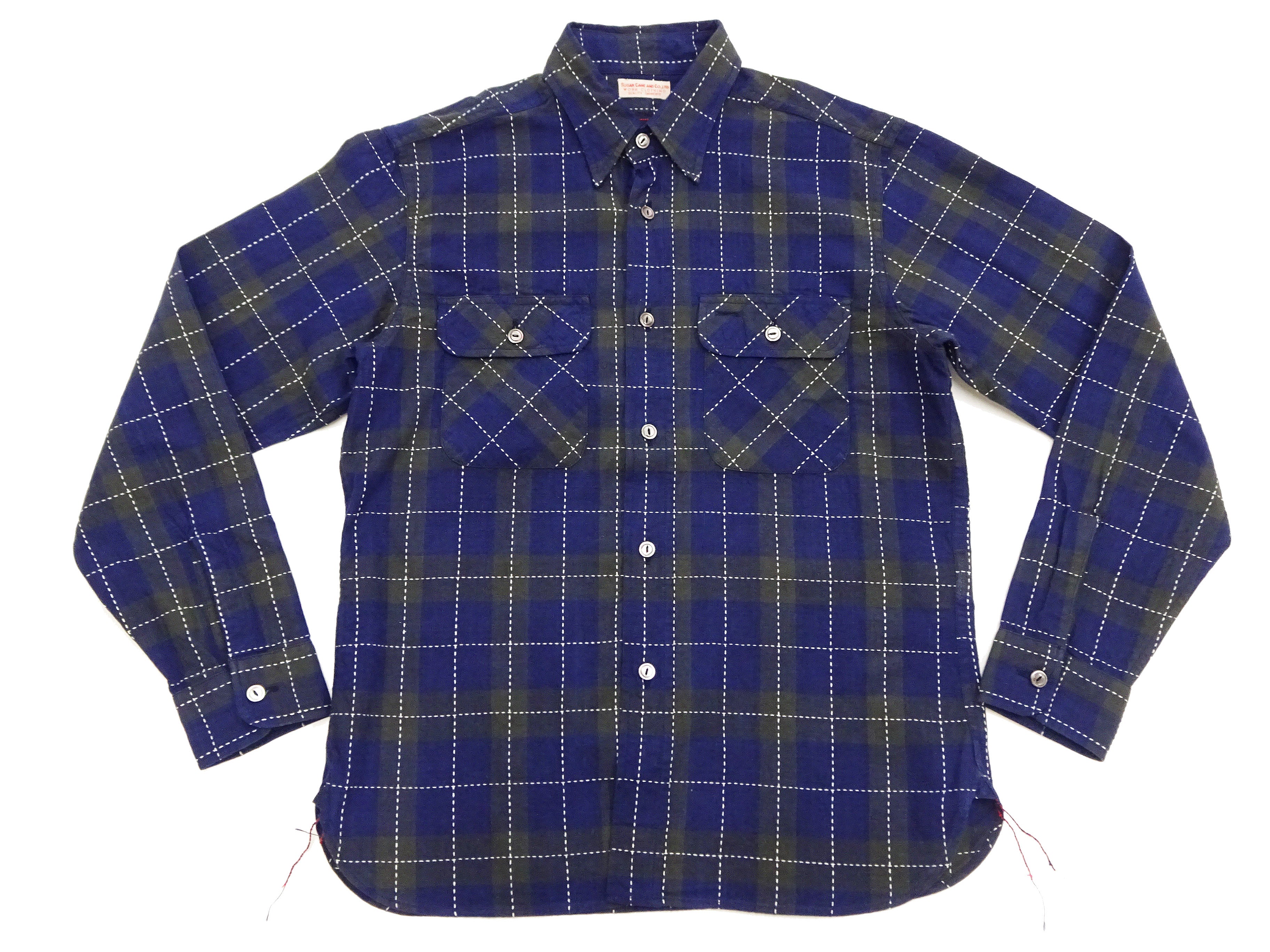 Sugar Cane Indigo Plaid Shirt Men's Japanese Style Sashiko Long Sleeve Button Up Work Shirt Fiction Romance SC29397 - Image 6