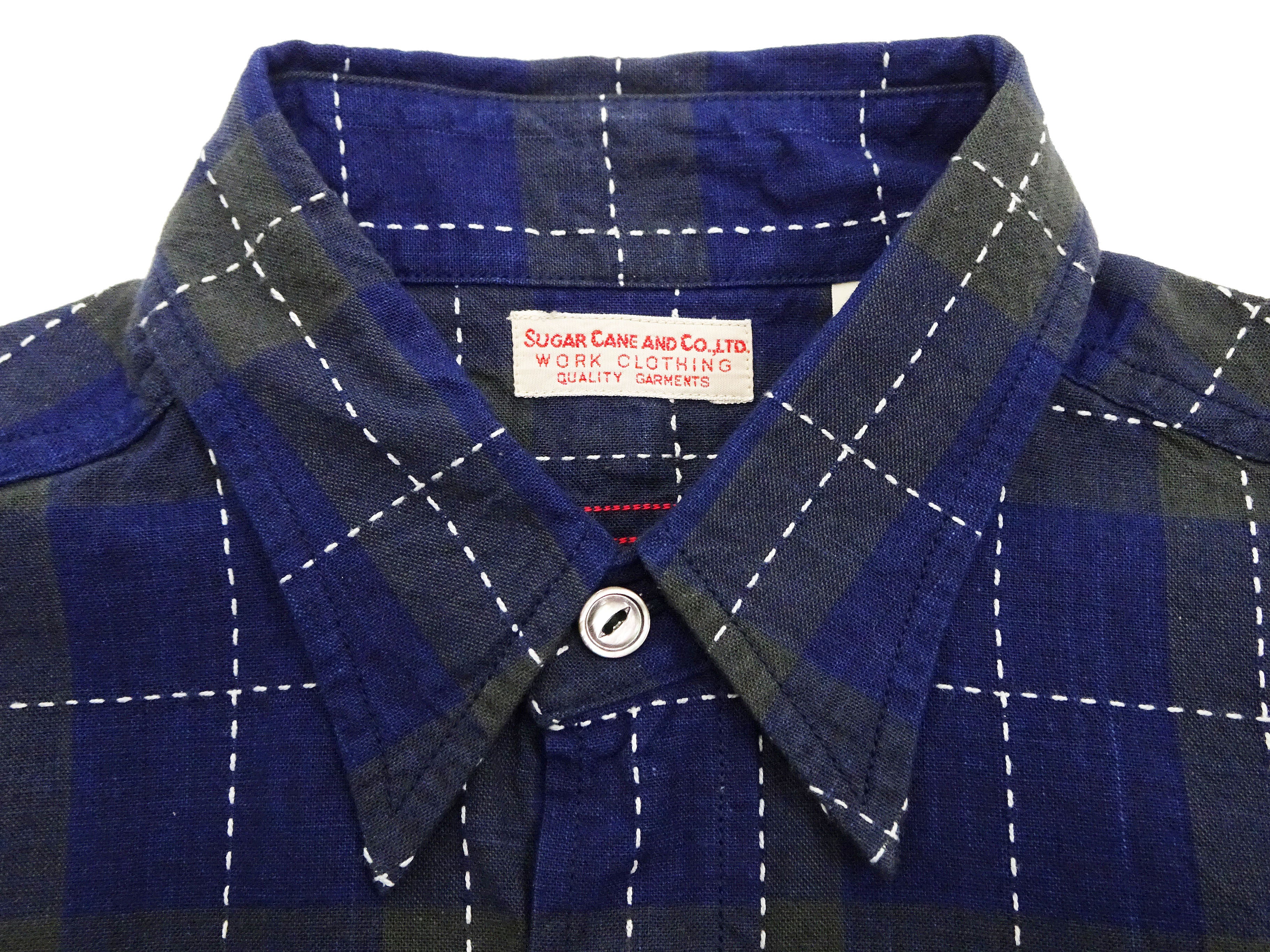 Sugar Cane Indigo Plaid Shirt Men's Japanese Style Sashiko Long Sleeve Button Up Work Shirt Fiction Romance SC29397 - Image 8