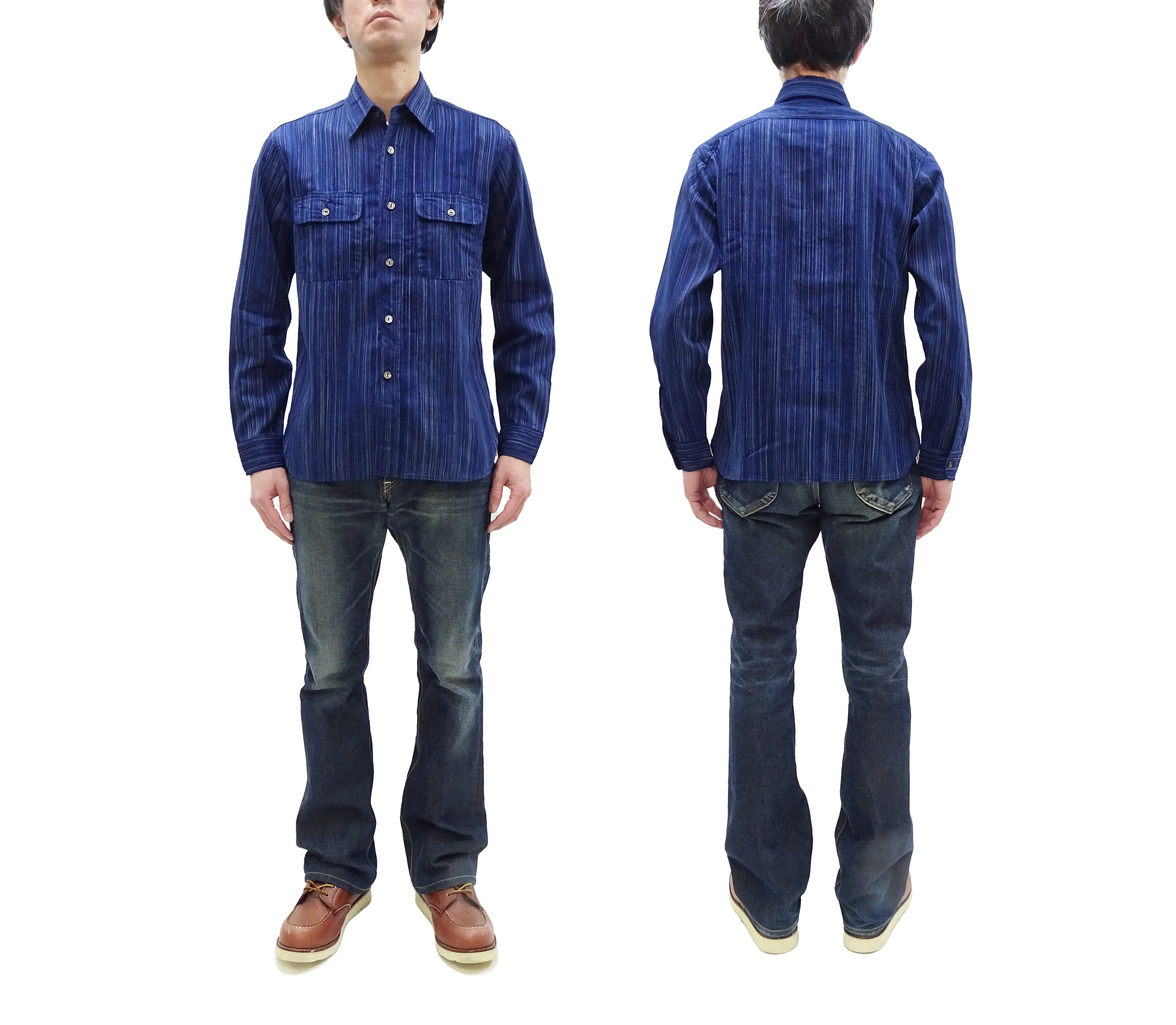 Sugar Cane Indigo Stripe Shirt Men's Japanese Kasuri Style Long Sleeve Button Up Work Shirt Fiction Romance SC29396 421A) Navy-Blue - Image 3
