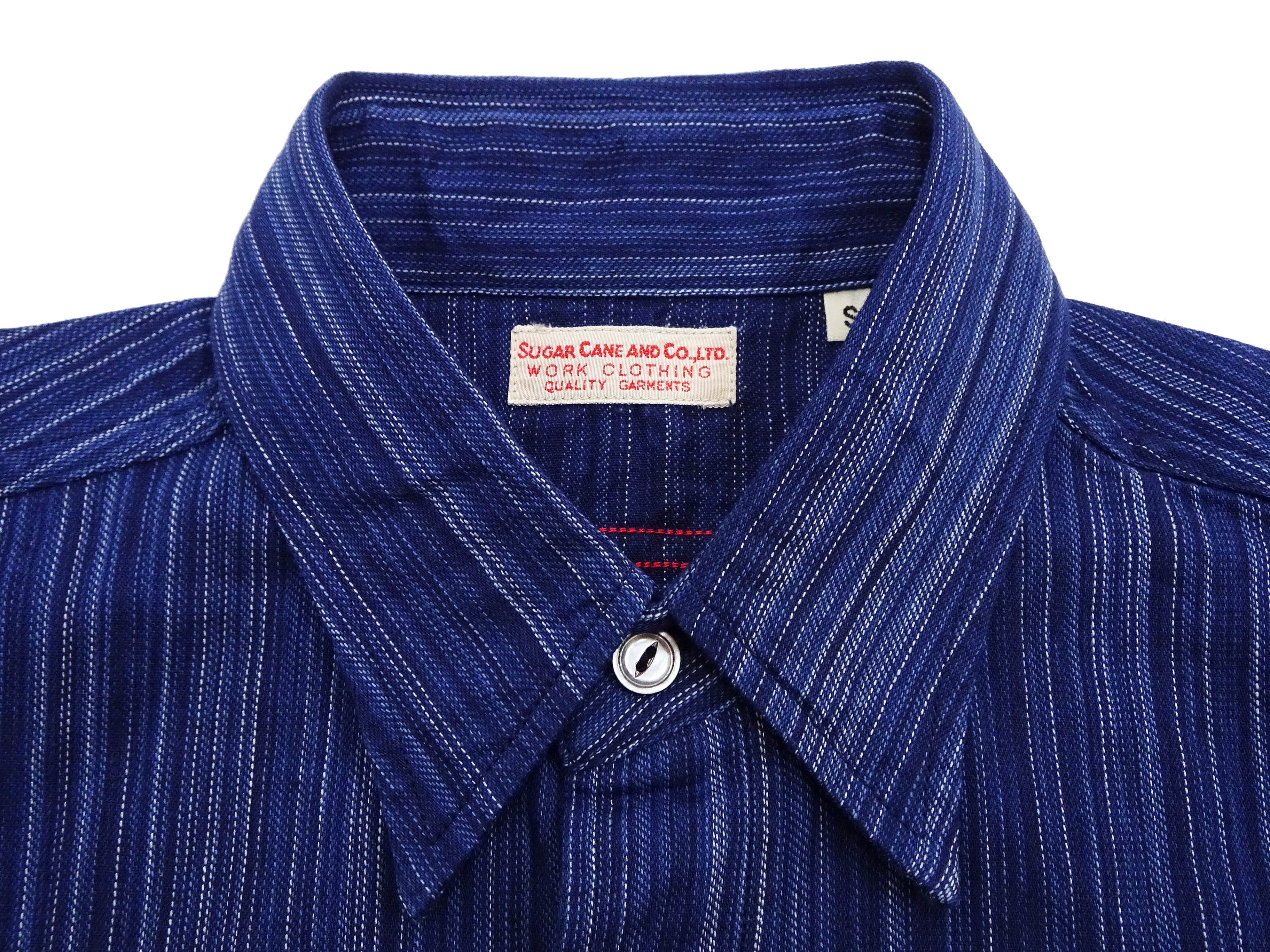 Sugar Cane Indigo Stripe Shirt Men's Japanese Kasuri Style Long Sleeve Button Up Work Shirt Fiction Romance SC29396 421A) Navy-Blue - Image 8