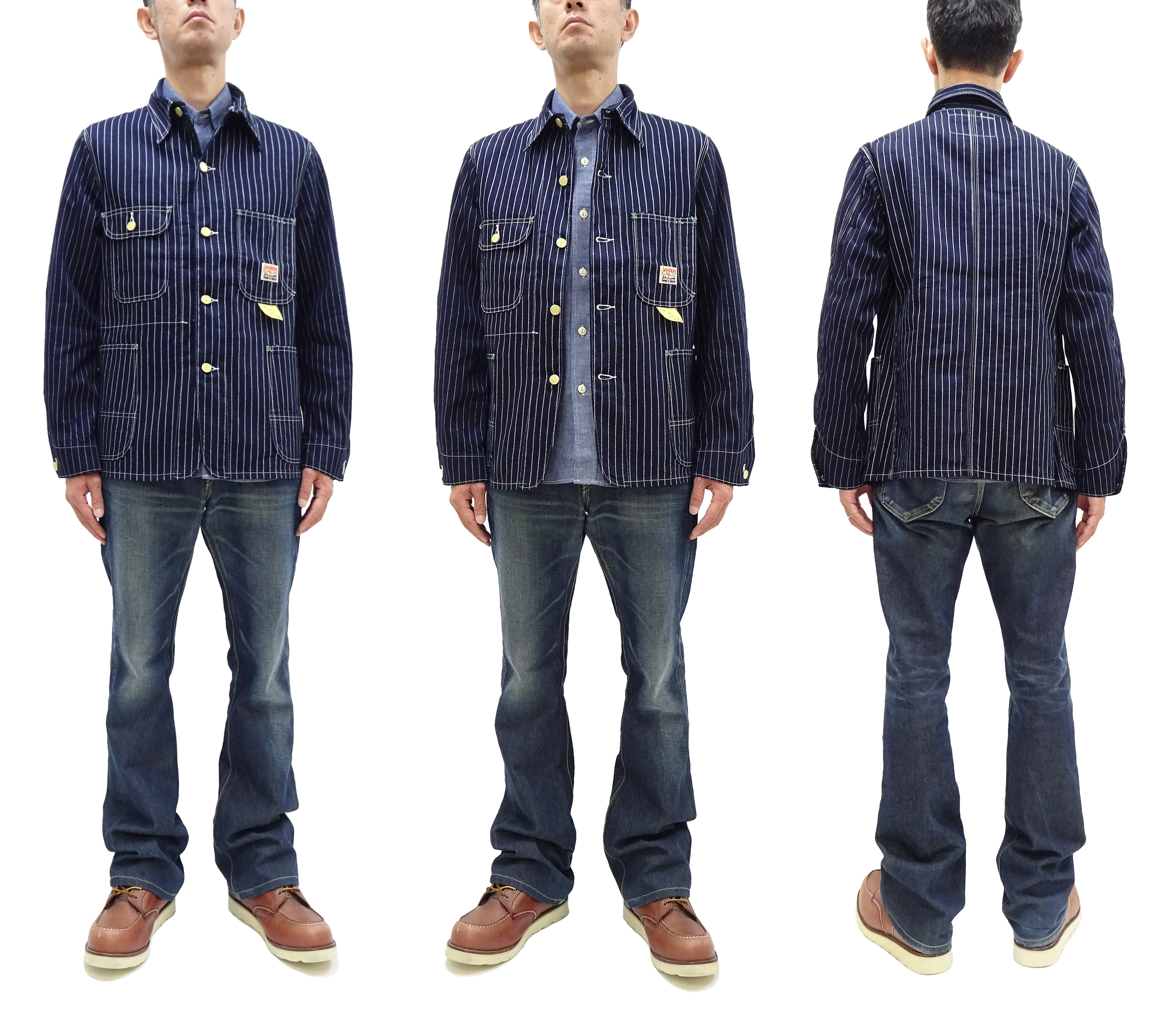 Sugar Cane Jacket SC15658 Men's Casual 9oz. WAbash Stripe Work Coat Chore Coat Indigo One-Wash - Image 3