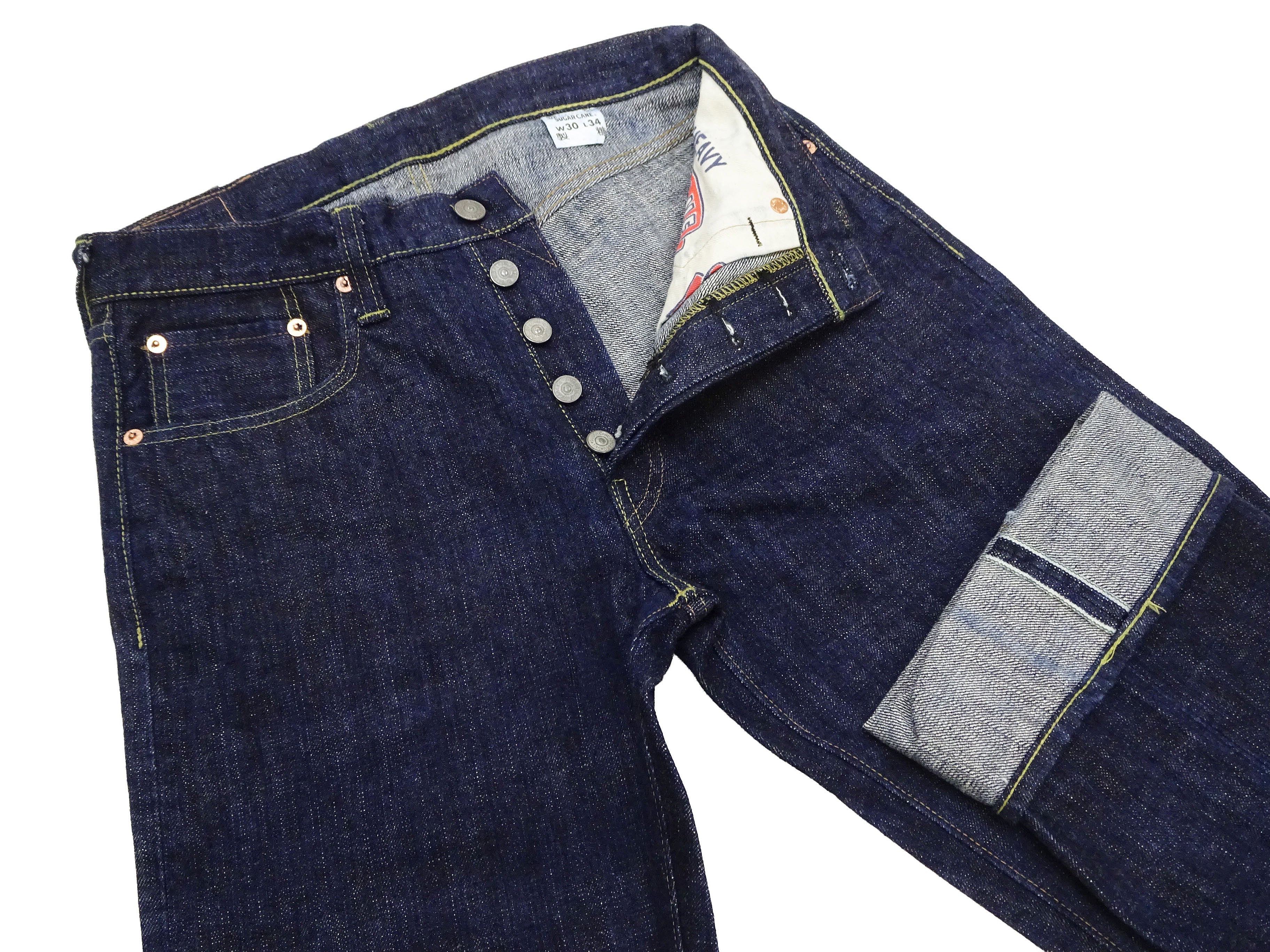 Sugar Cane Men's 14oz. Hawaiian Indigo Sugarcane Fiber Selvedge Denim Jeans Classic Regular Straight Button Fly (SC40401 One-Wash) - Image 7