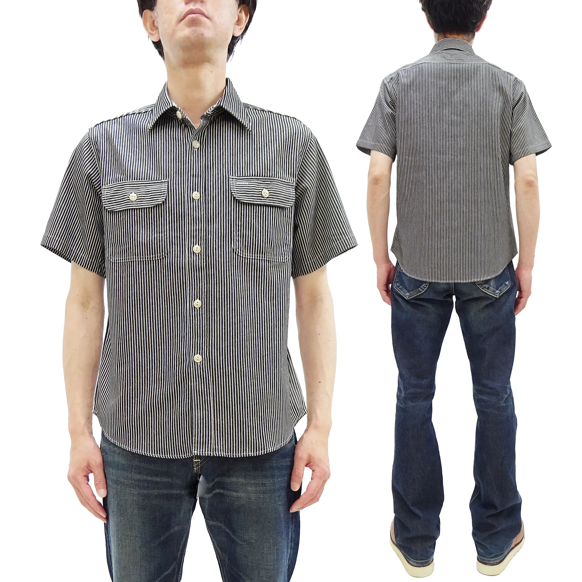 Sugar Cane Hickory Stripe Work Shirt - Men's Casual Short Sleeve Button Up Shirt SC37944 119 Black - Image 5