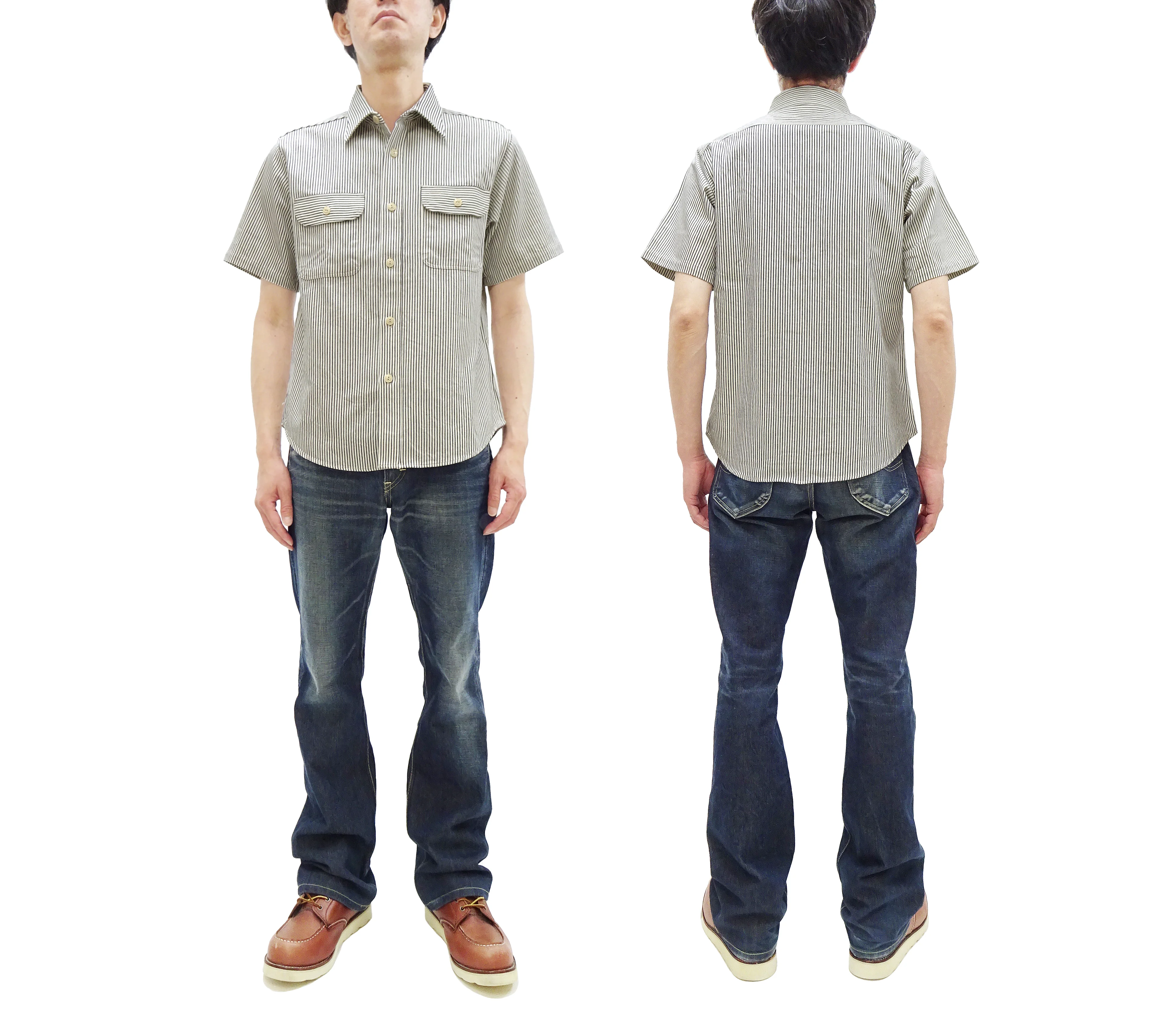 Sugar Cane Hickory Stripe Work Shirt - Men's Casual Short Sleeve Button Up Shirt SC37944 105 Off-White - Image 3