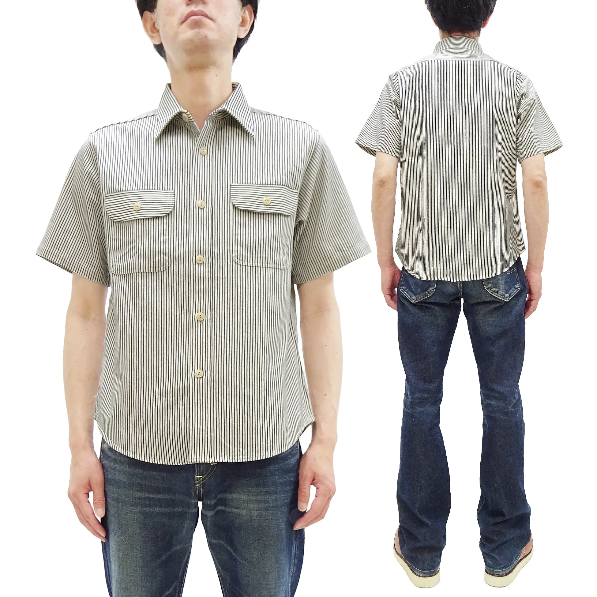 Sugar Cane Hickory Stripe Work Shirt - Men's Casual Short Sleeve Button Up Shirt SC37944 105 Off-White - Image 5