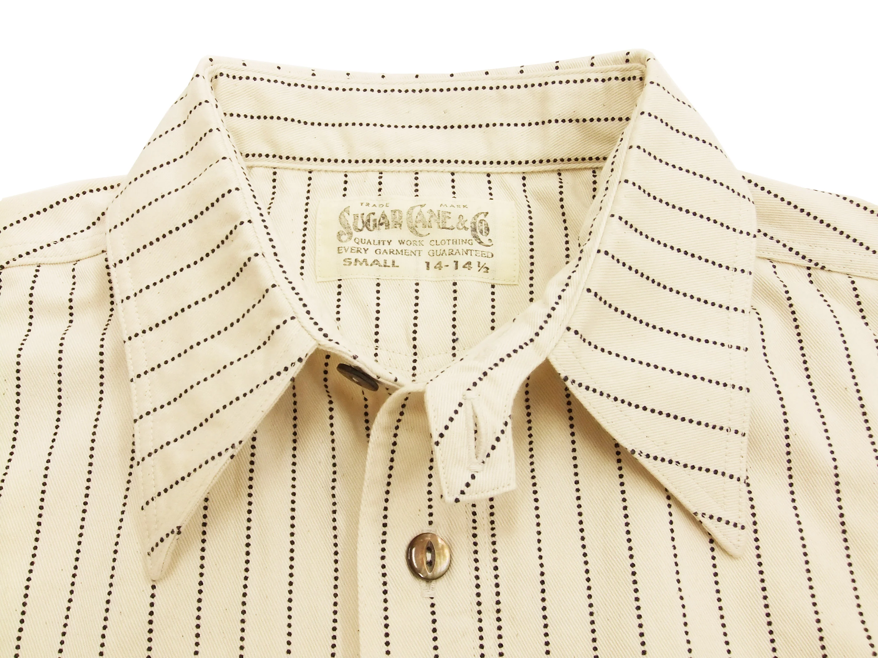 Sugar Cane Men's Short Sleeve Ecru Wabash Stripe Work Shirt 8.5 oz Cotton Twill Made in Japan (Fiction Romance SC37275 401A One-Wash) - Image 6