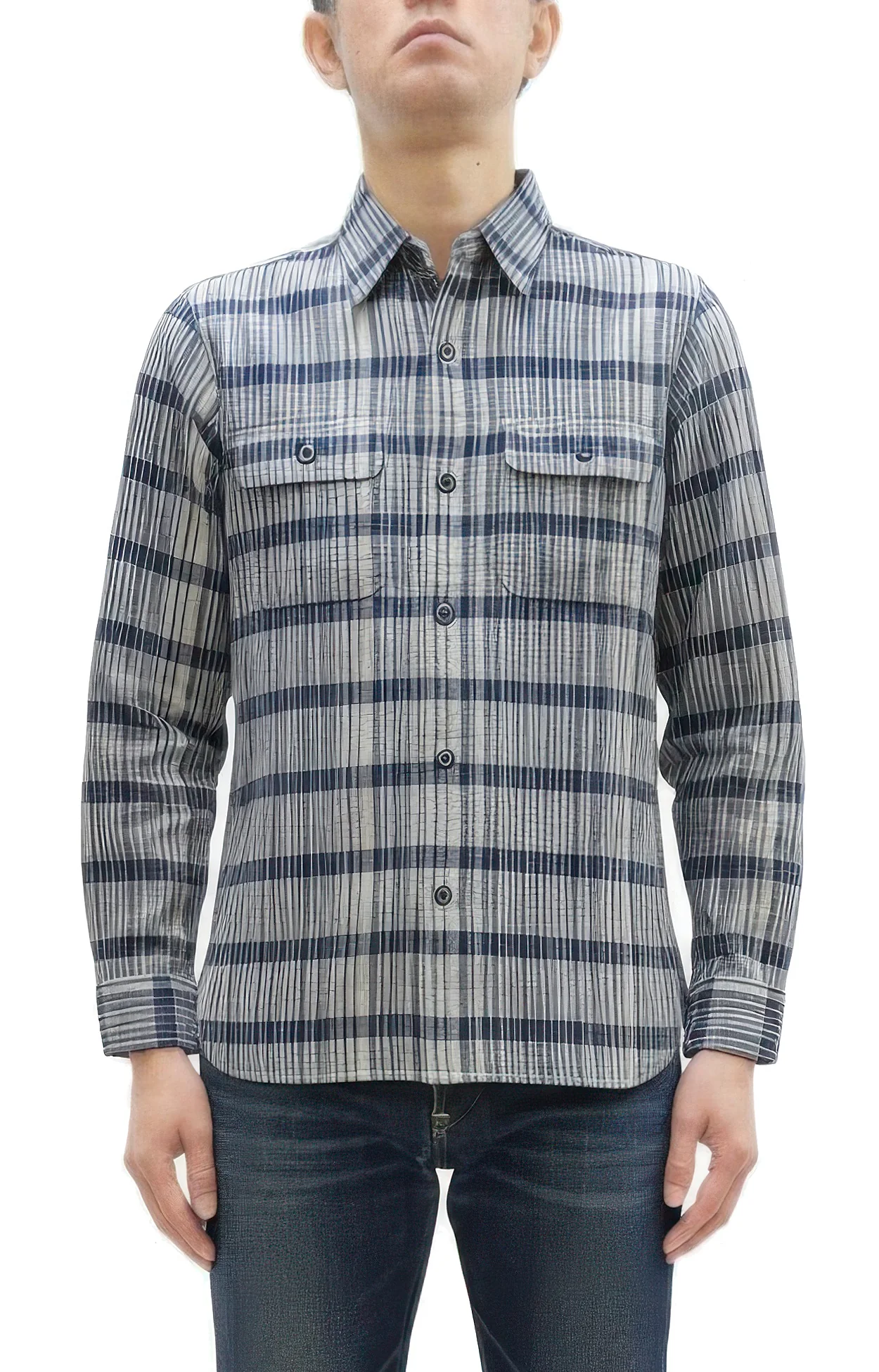 Sugar Cane Men's Indigo Plaid Long-Sleeve Work Shirt - Fiction Romance Collection - 100% Cotton, Inspired by Traditional Japanese Kimono Fabric, Made in Japan (SC29591 401A Off White)