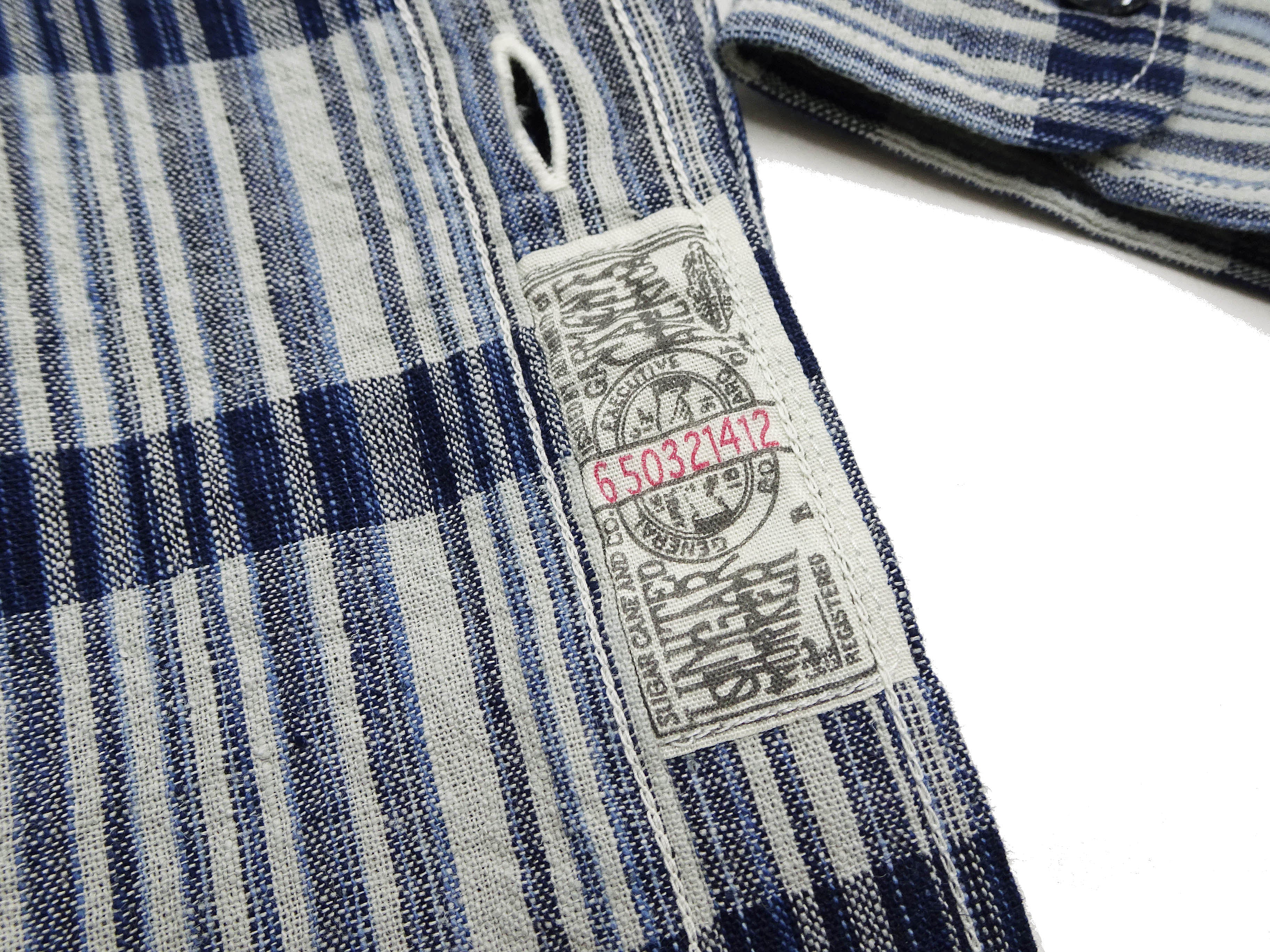 Sugar Cane Men's Indigo Plaid Long-Sleeve Work Shirt - Fiction Romance Collection - 100% Cotton, Inspired by Traditional Japanese Kimono Fabric, Made in Japan (SC29591 401A Off White) - Image 11