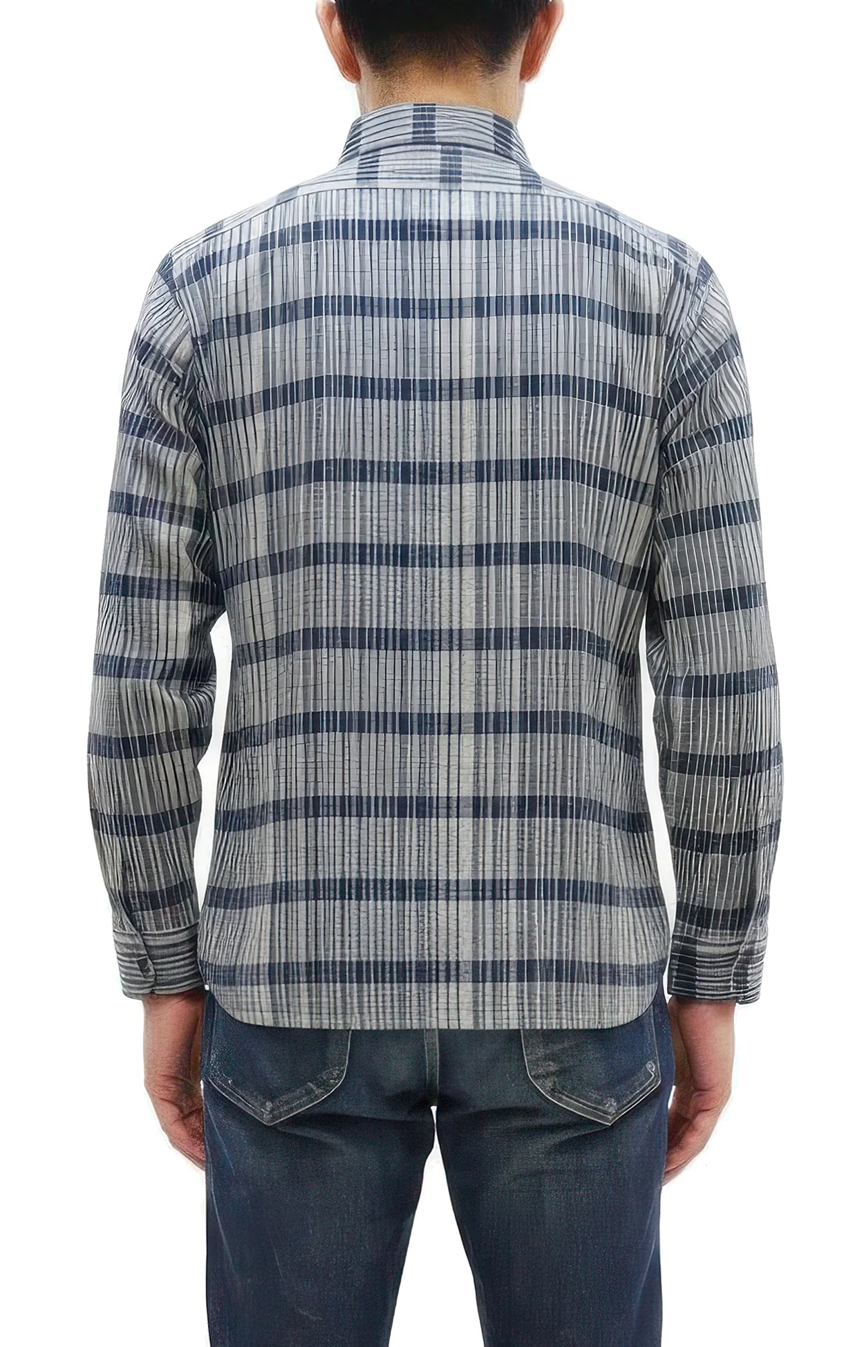 Sugar Cane Men's Indigo Plaid Long-Sleeve Work Shirt - Fiction Romance Collection - 100% Cotton, Inspired by Traditional Japanese Kimono Fabric, Made in Japan (SC29591 401A Off White) - Image 4