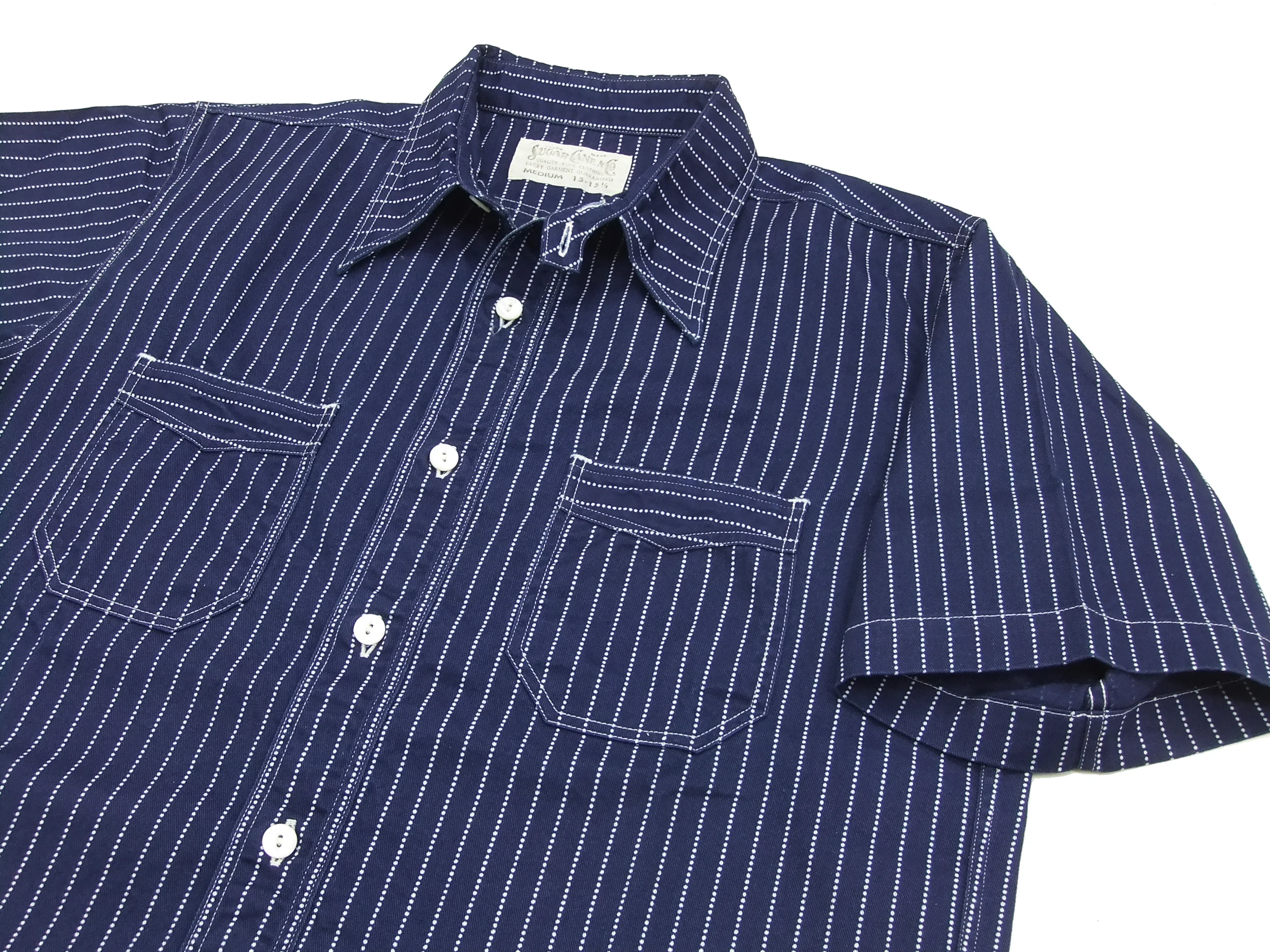 Sugar Cane Men's Indigo Wabash Stripe Work Shirt Short Sleeve Button Up Shirt SC36267A - Image 5