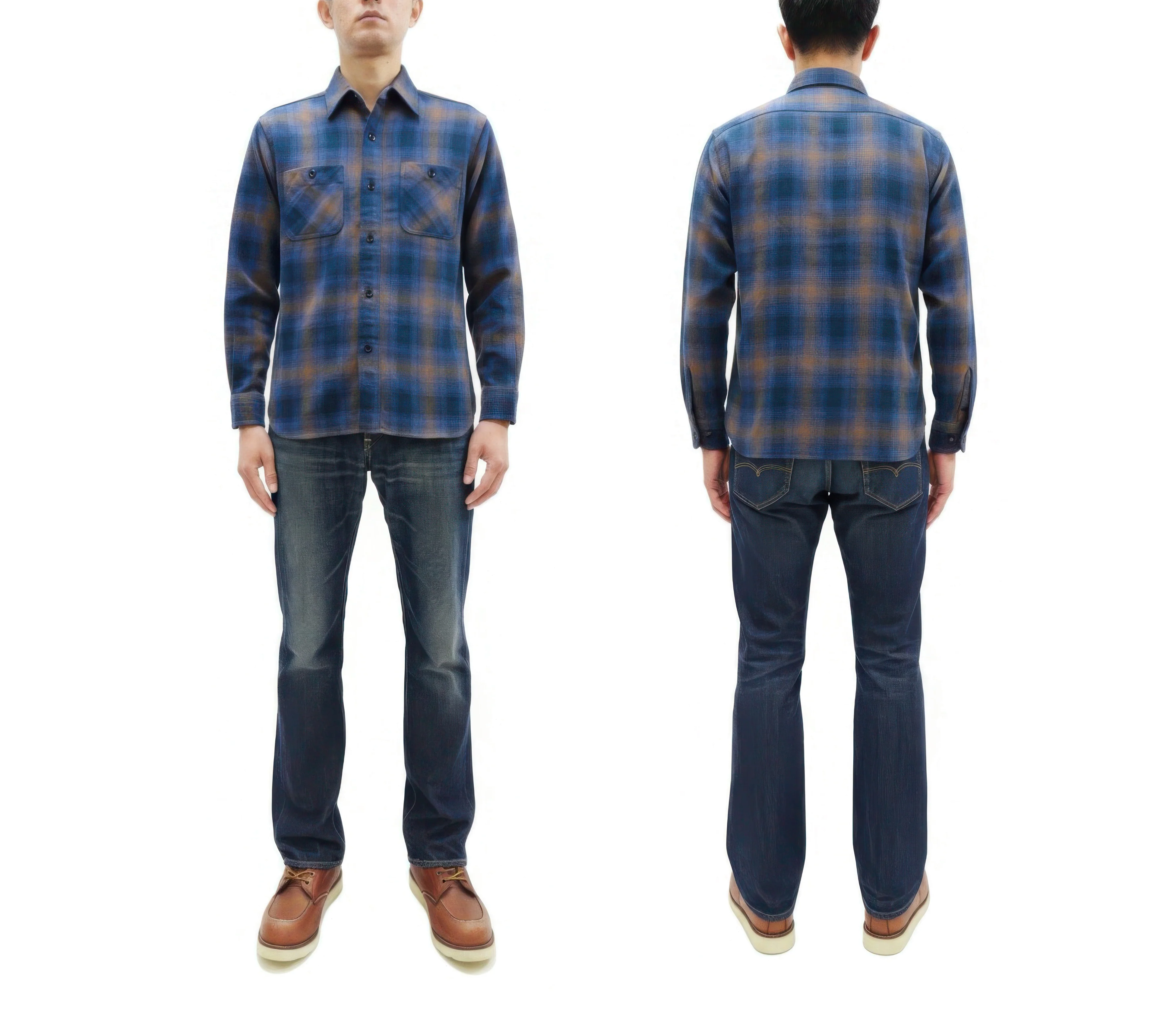 Sugar Cane Men's Long Sleeve Ombre Plaid Work Shirt - 100% Cotton Twill, One-Wash, Made in Japan (SC29561 125 Blue) - Image 3