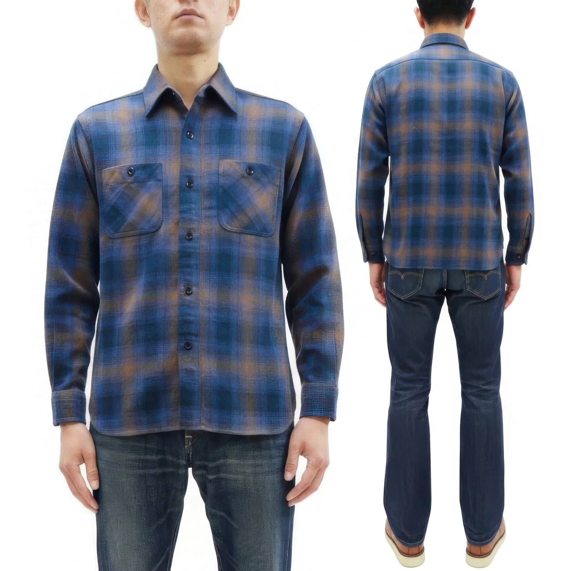 Sugar Cane Men's Long Sleeve Ombre Plaid Work Shirt - 100% Cotton Twill, One-Wash, Made in Japan (SC29561 125 Blue) - Image 5