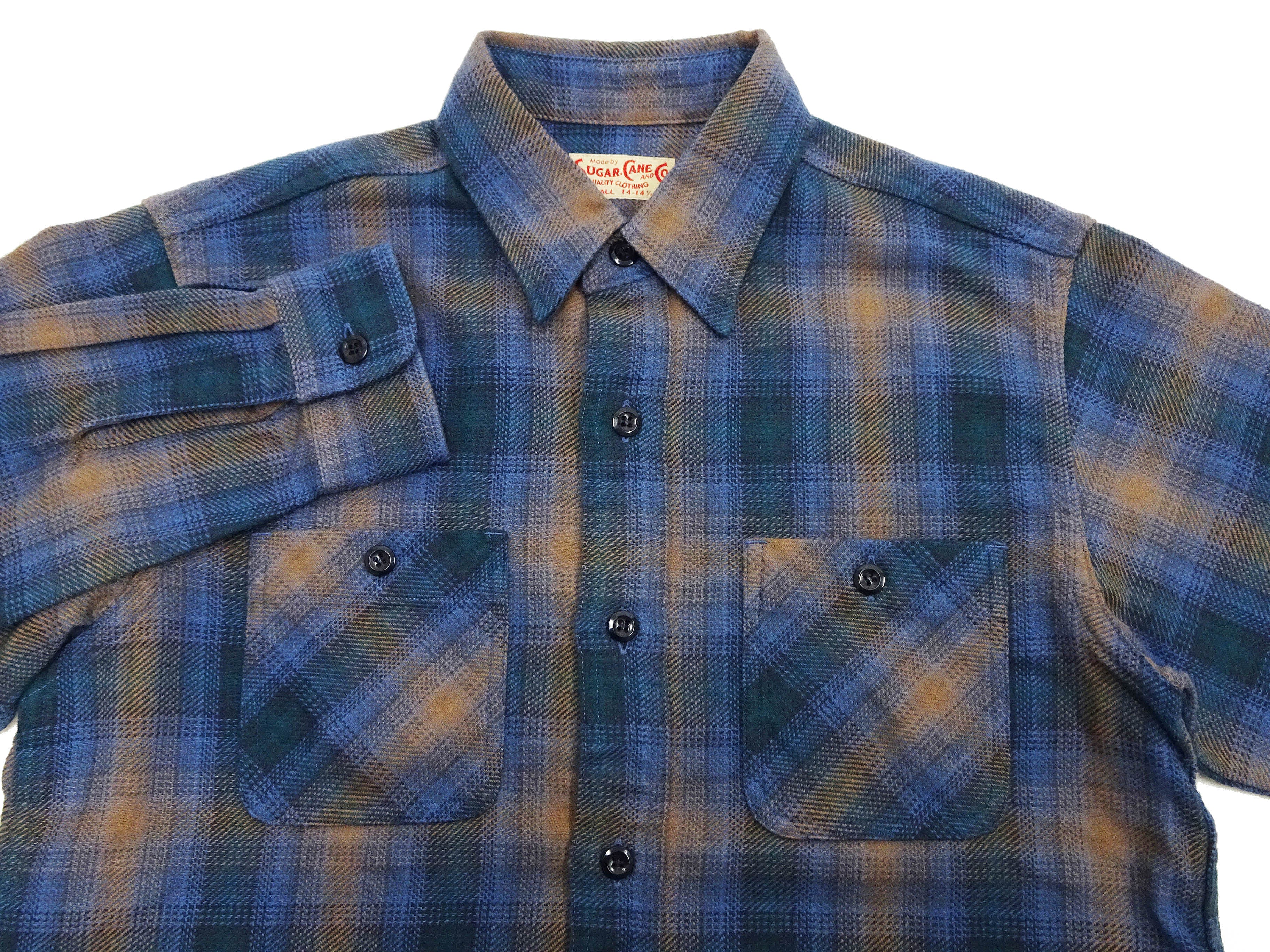 Sugar Cane Men's Long Sleeve Ombre Plaid Work Shirt - 100% Cotton Twill, One-Wash, Made in Japan (SC29561 125 Blue) - Image 7
