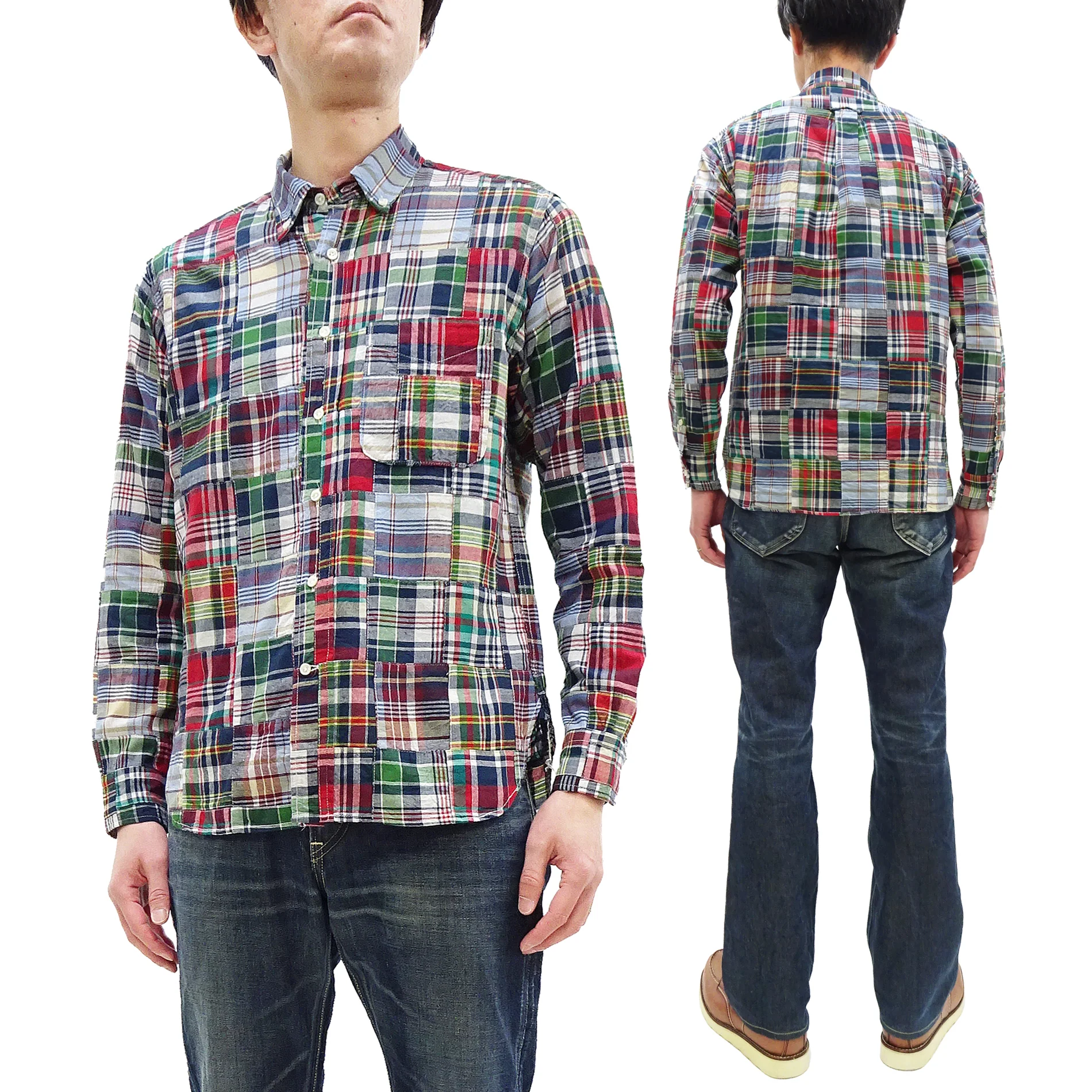 Sugar Cane Men's Long Sleeve Patchwork Madras Button-Down Shirt, Lightweight 100% Cotton Plaid, Made in Japan (SC29736 128 Navy Tone) - Image 5