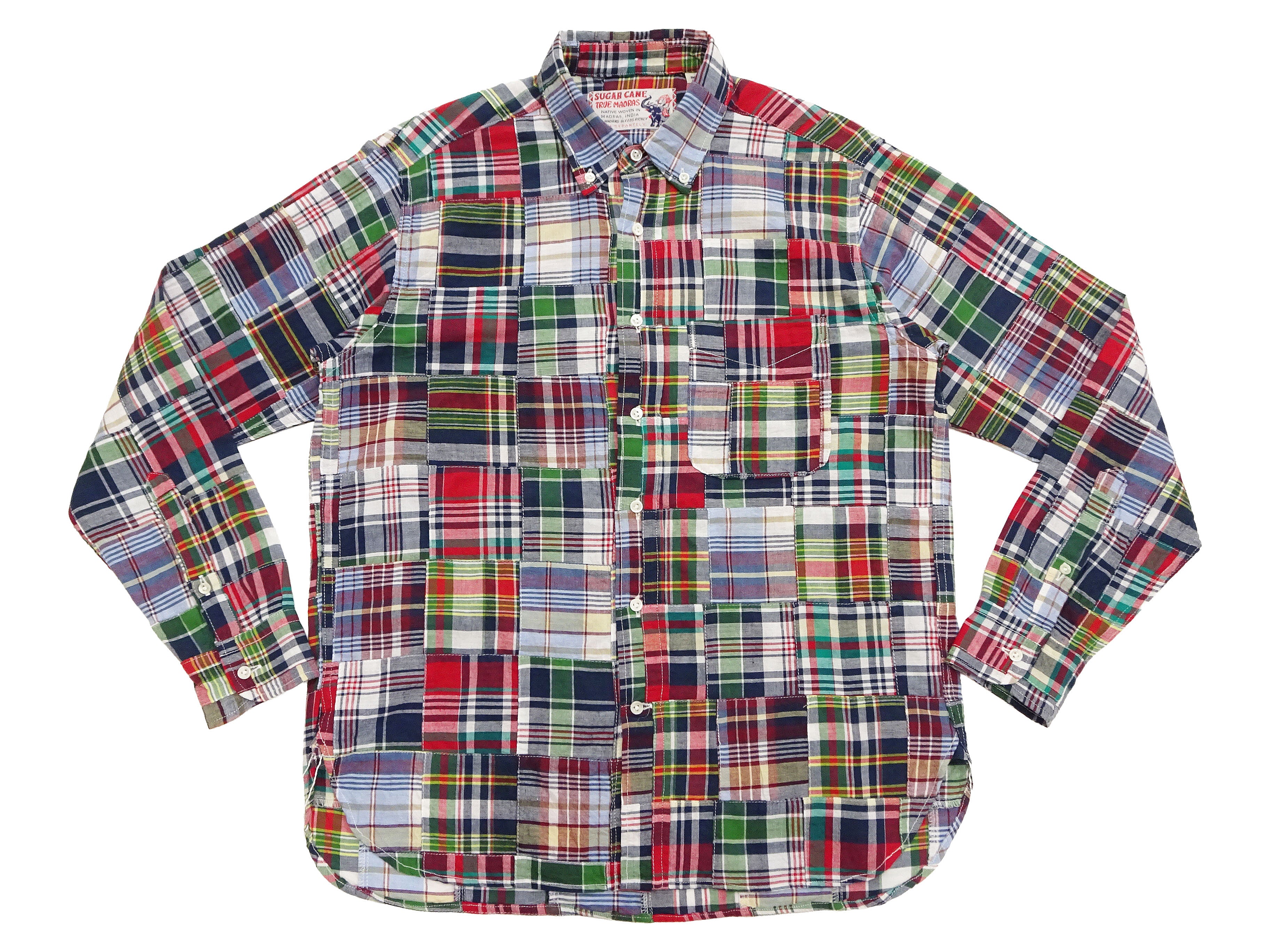 Sugar Cane Men's Long Sleeve Patchwork Madras Button-Down Shirt, Lightweight 100% Cotton Plaid, Made in Japan (SC29736 128 Navy Tone) - Image 6