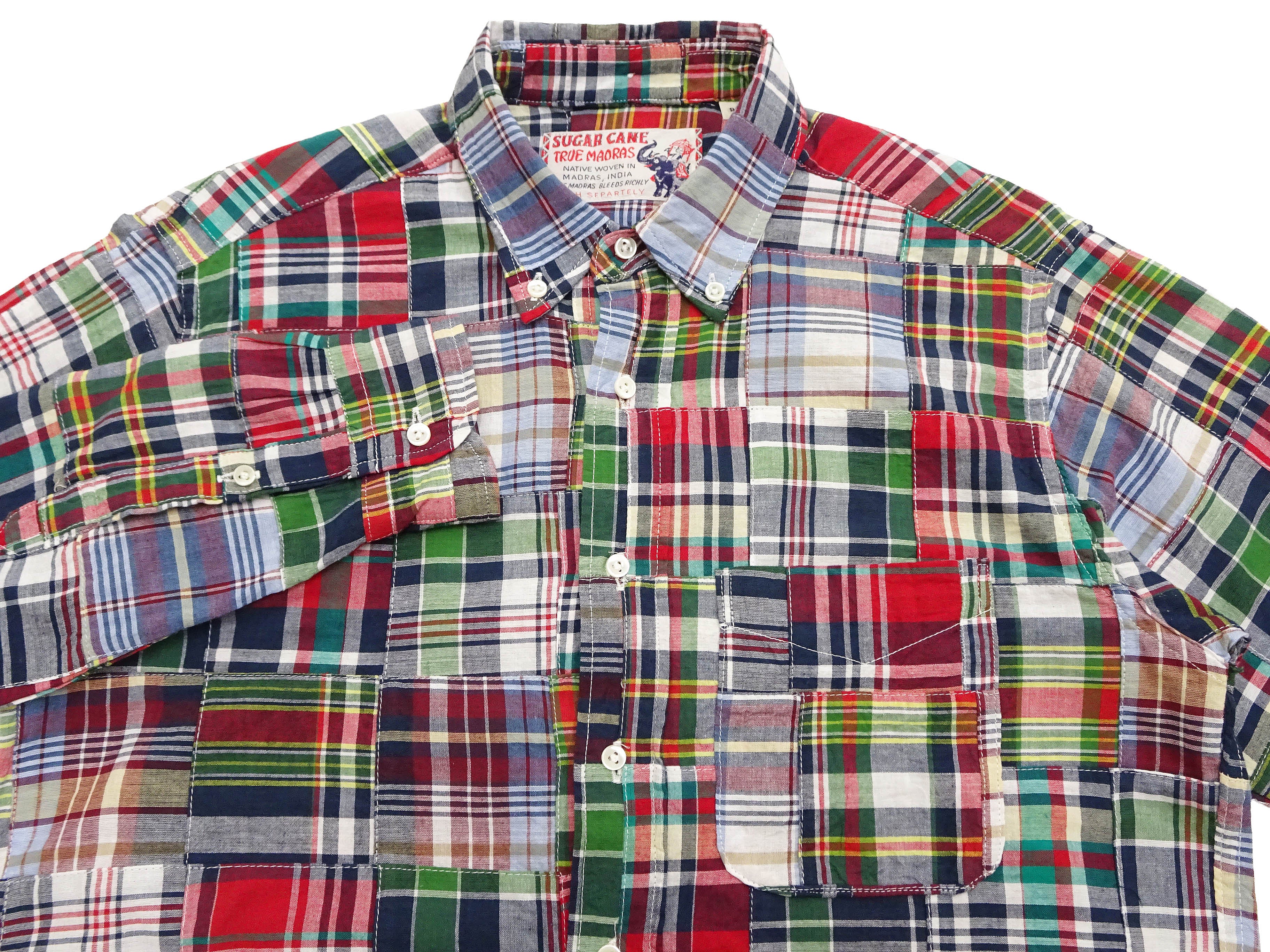 Sugar Cane Men's Long Sleeve Patchwork Madras Button-Down Shirt, Lightweight 100% Cotton Plaid, Made in Japan (SC29736 128 Navy Tone) - Image 7