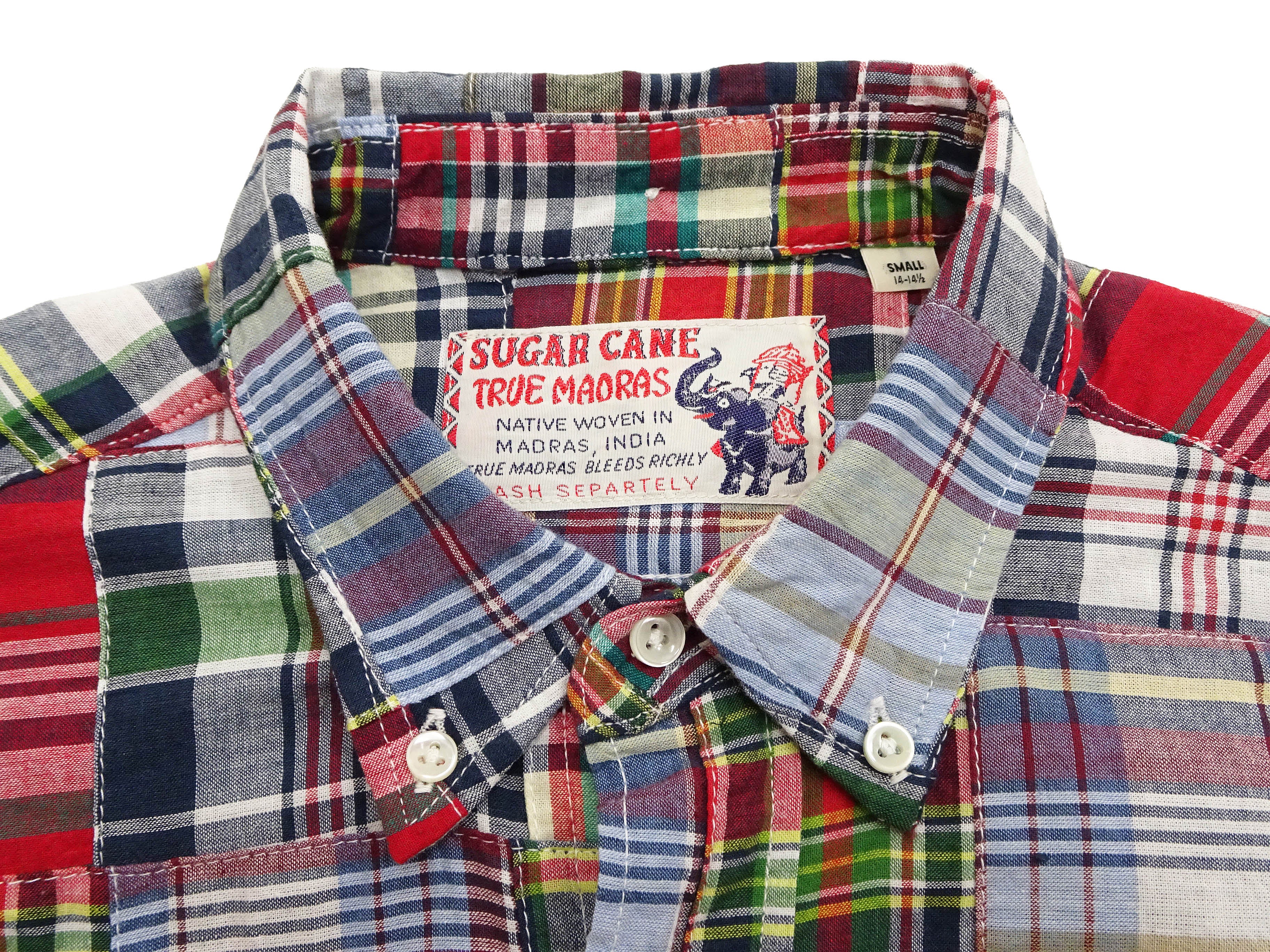 Sugar Cane Men's Long Sleeve Patchwork Madras Button-Down Shirt, Lightweight 100% Cotton Plaid, Made in Japan (SC29736 128 Navy Tone) - Image 8