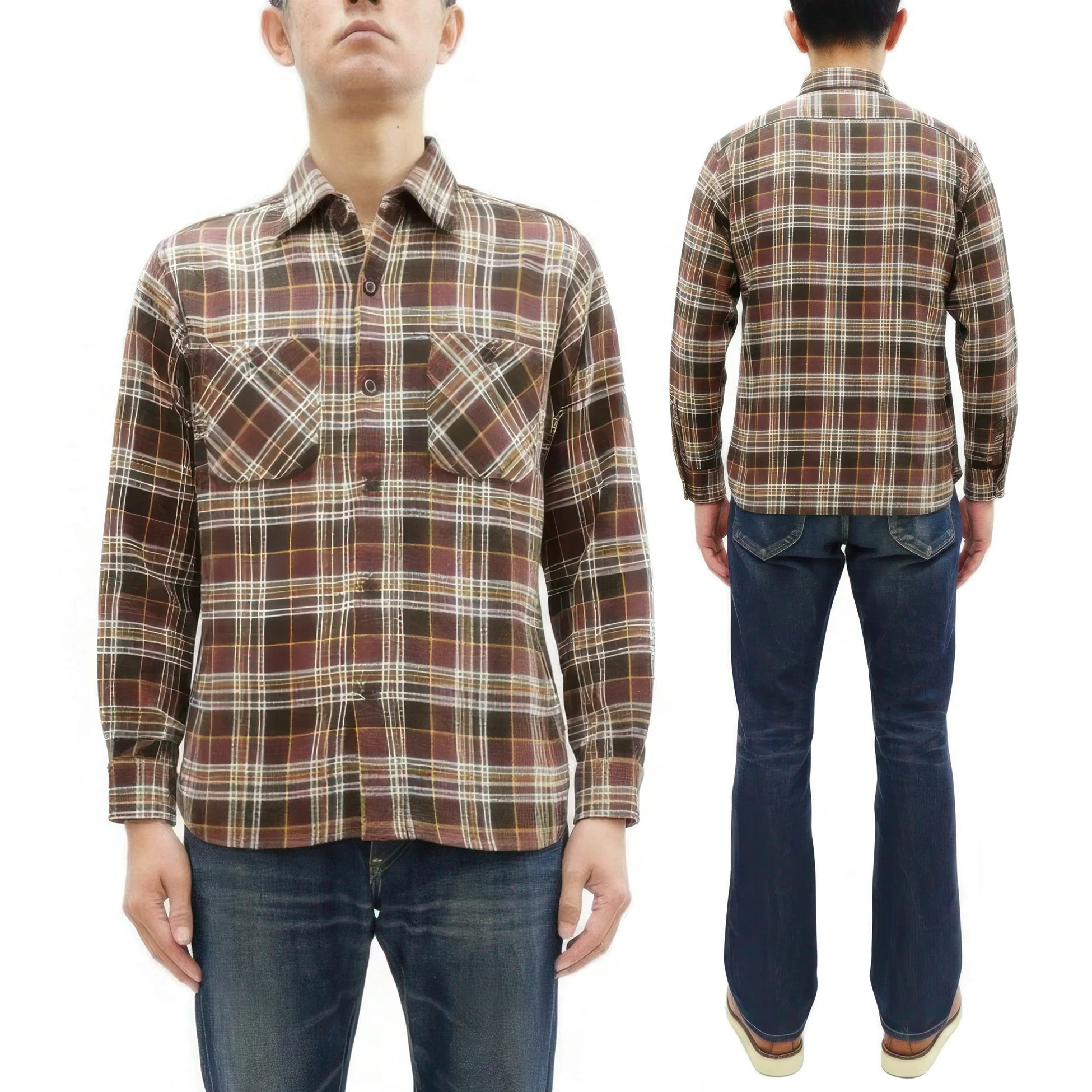 Sugar Cane Men's Long Sleeve Plaid Work Shirt - 100% Cotton Twill, One-Wash, Made in Japan (SC29564 138 Brown) - Image 5