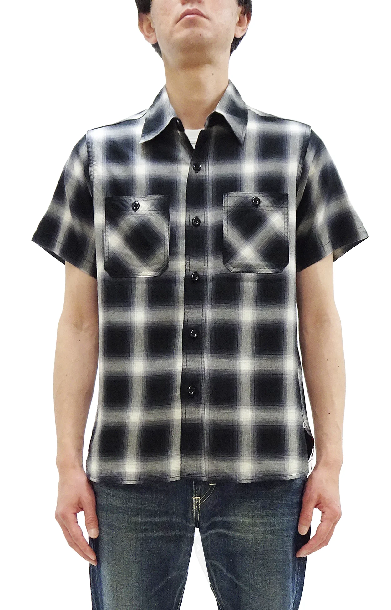Sugar Cane Ombre Plaid Work Shirt Men's Casual Vintage-Style Short Sleeve Check Button Up Shirt SC39519 119 Black
