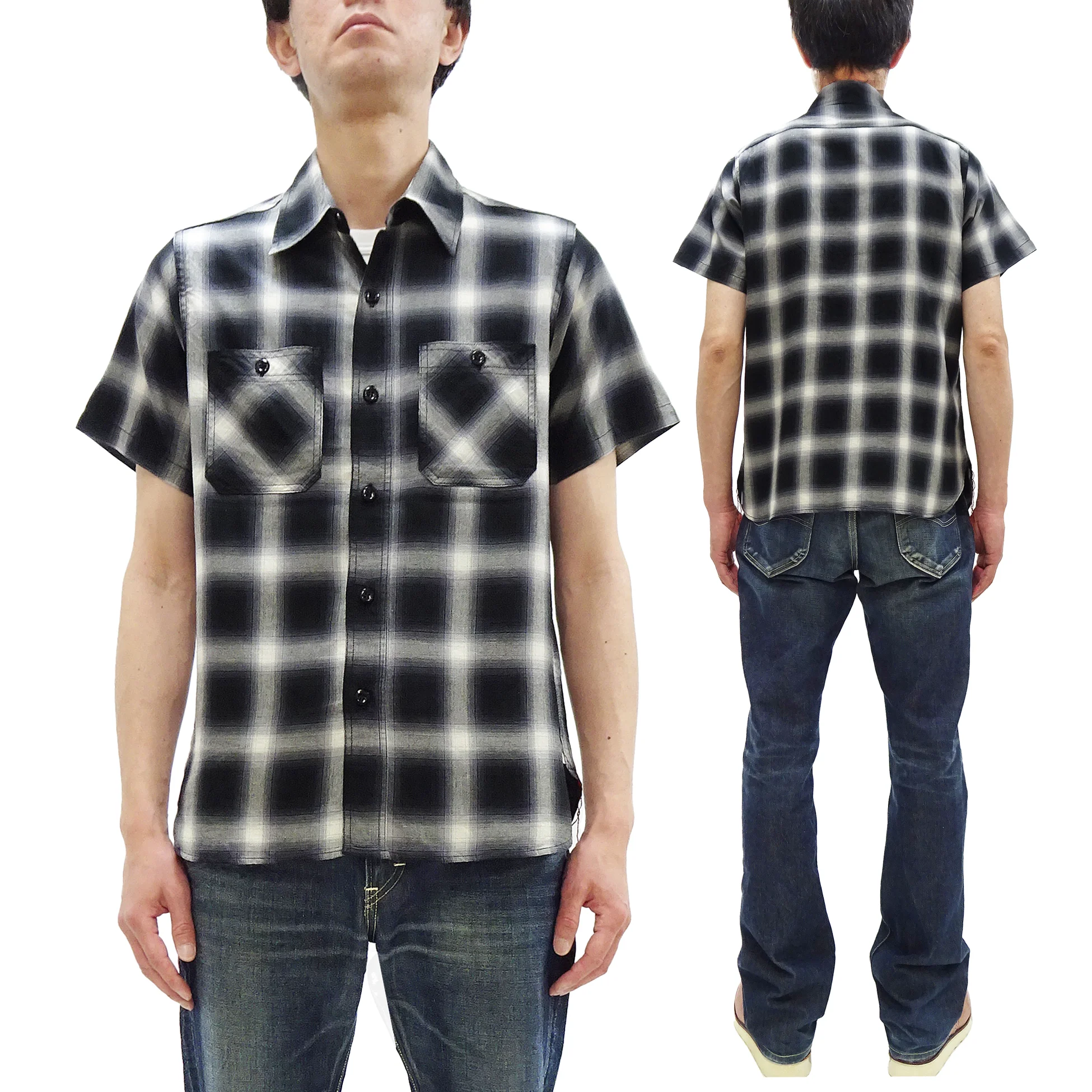 Sugar Cane Ombre Plaid Work Shirt Men's Casual Vintage-Style Short Sleeve Check Button Up Shirt SC39519 119 Black - Image 5