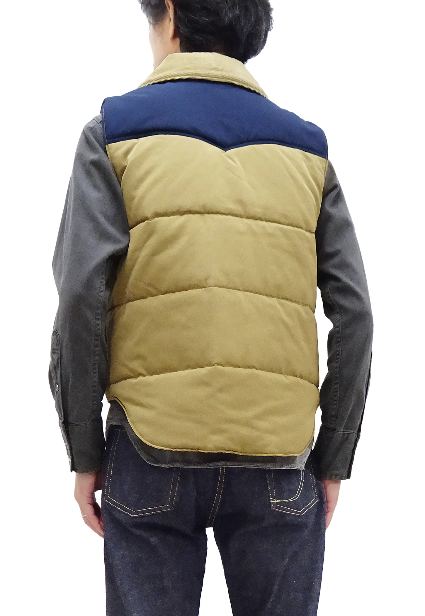 Sugar Cane Puffer Vest Men's Outer Vest Contrast Yoke Panel Padded Vest SC15400 133 Beige/Navy-Blue/Beige - Image 5