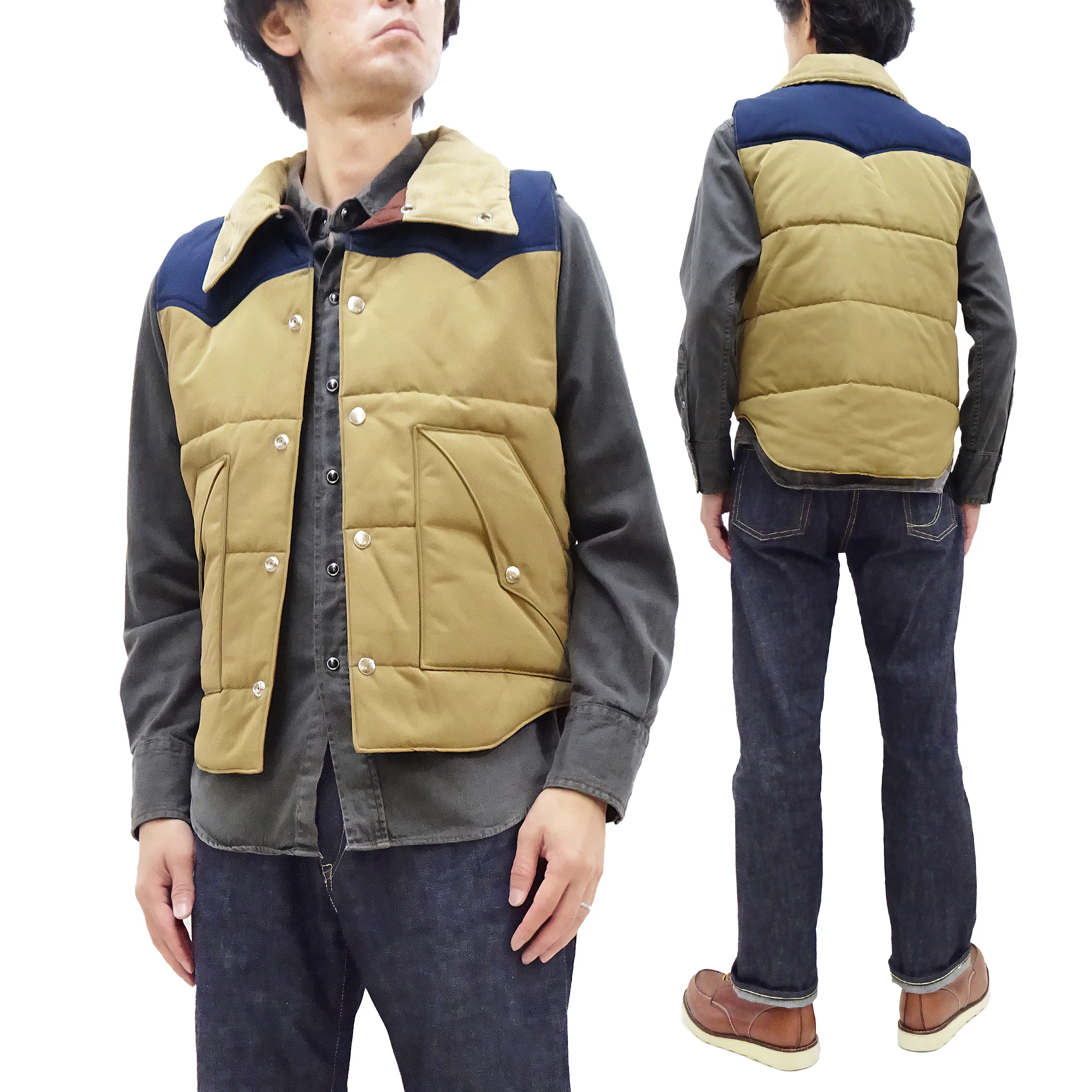 Sugar Cane Puffer Vest Men's Outer Vest Contrast Yoke Panel Padded Vest SC15400 133 Beige/Navy-Blue/Beige - Image 6