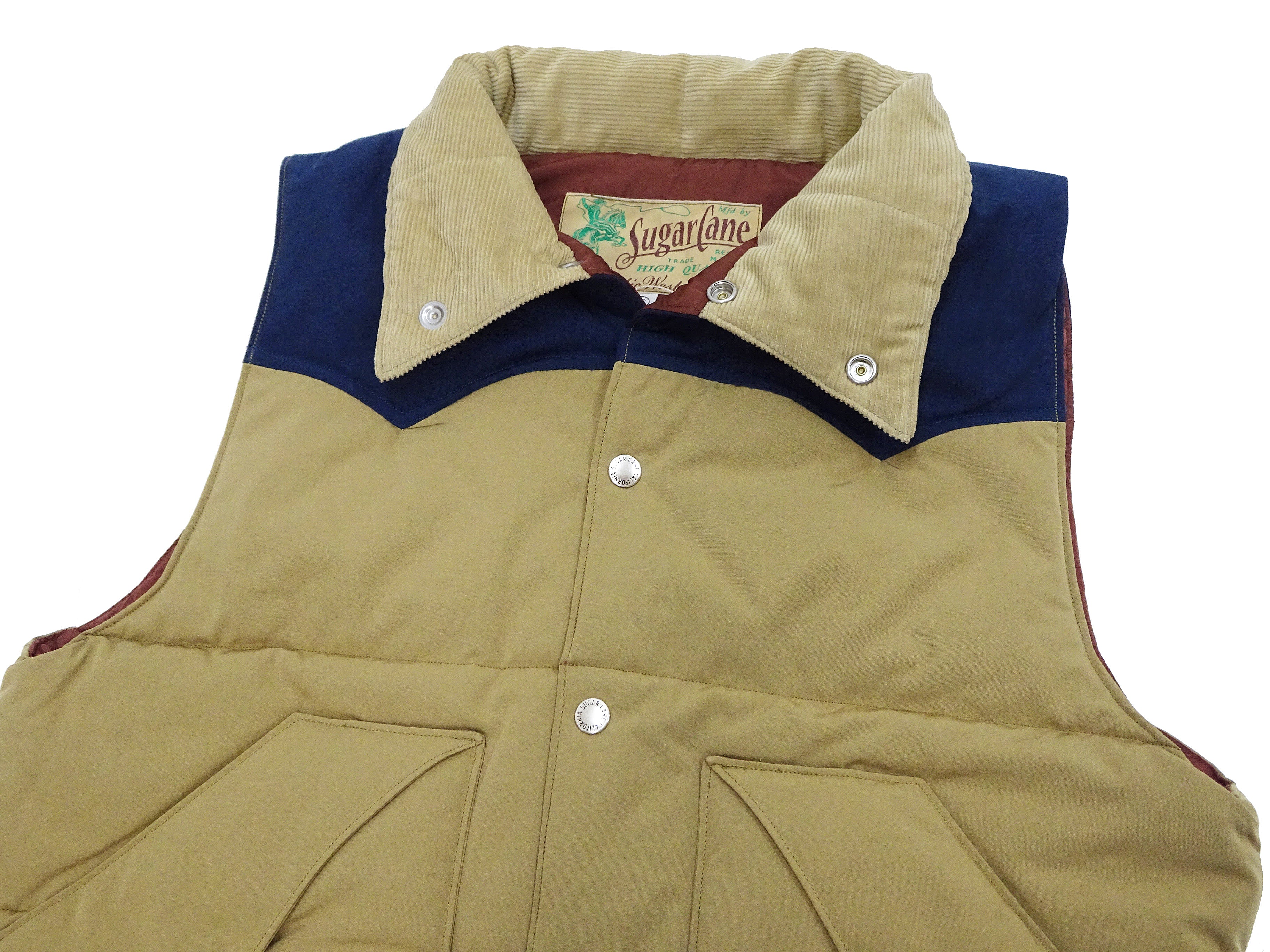 Sugar Cane Puffer Vest Men's Outer Vest Contrast Yoke Panel Padded Vest SC15400 133 Beige/Navy-Blue/Beige - Image 8