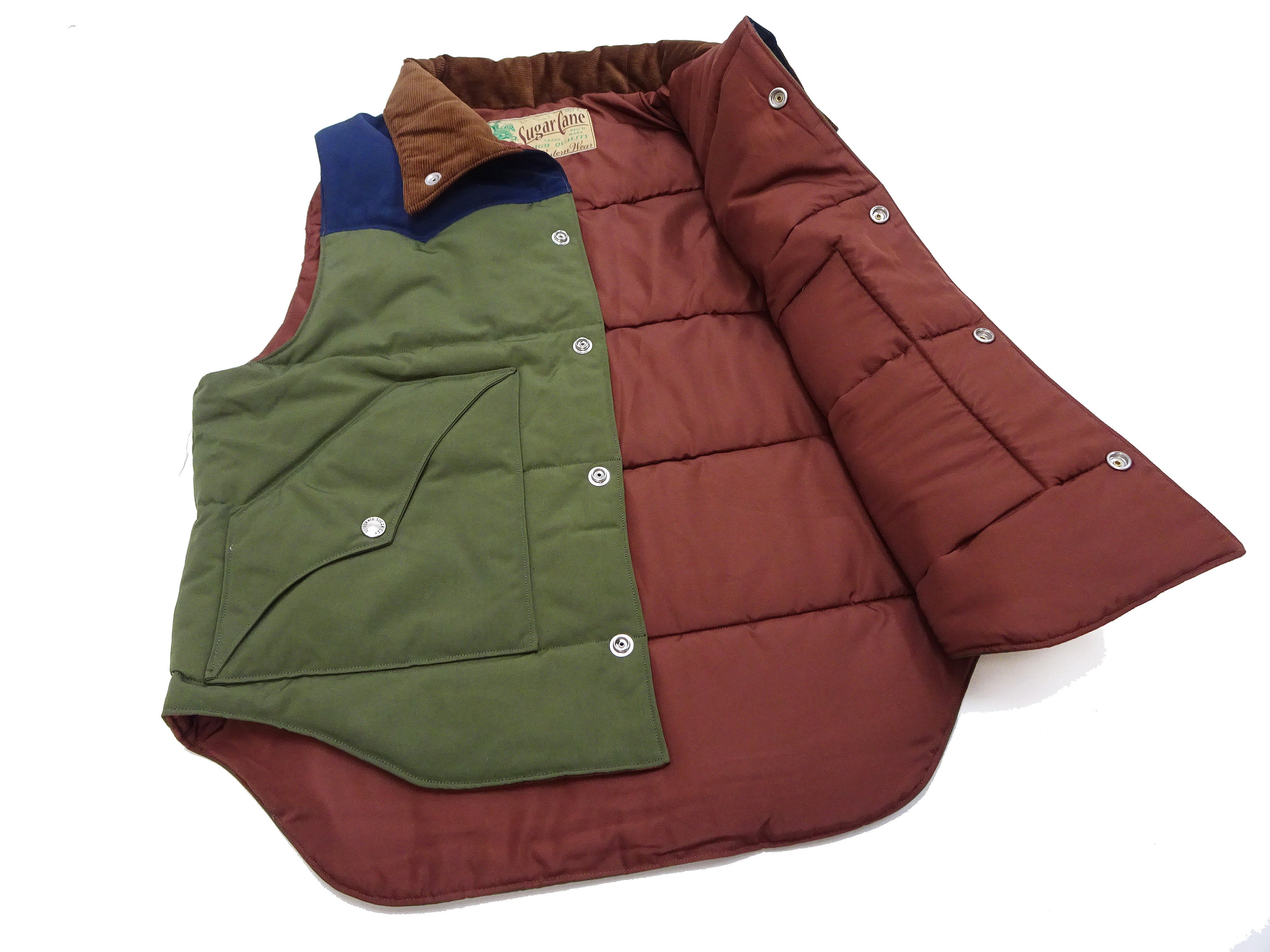 Sugar Cane Puffer Vest Men's Outer Vest Contrast Yoke Panel Padded Vest SC15400 149 Olive/Navy-Blue/Brown - Image 12