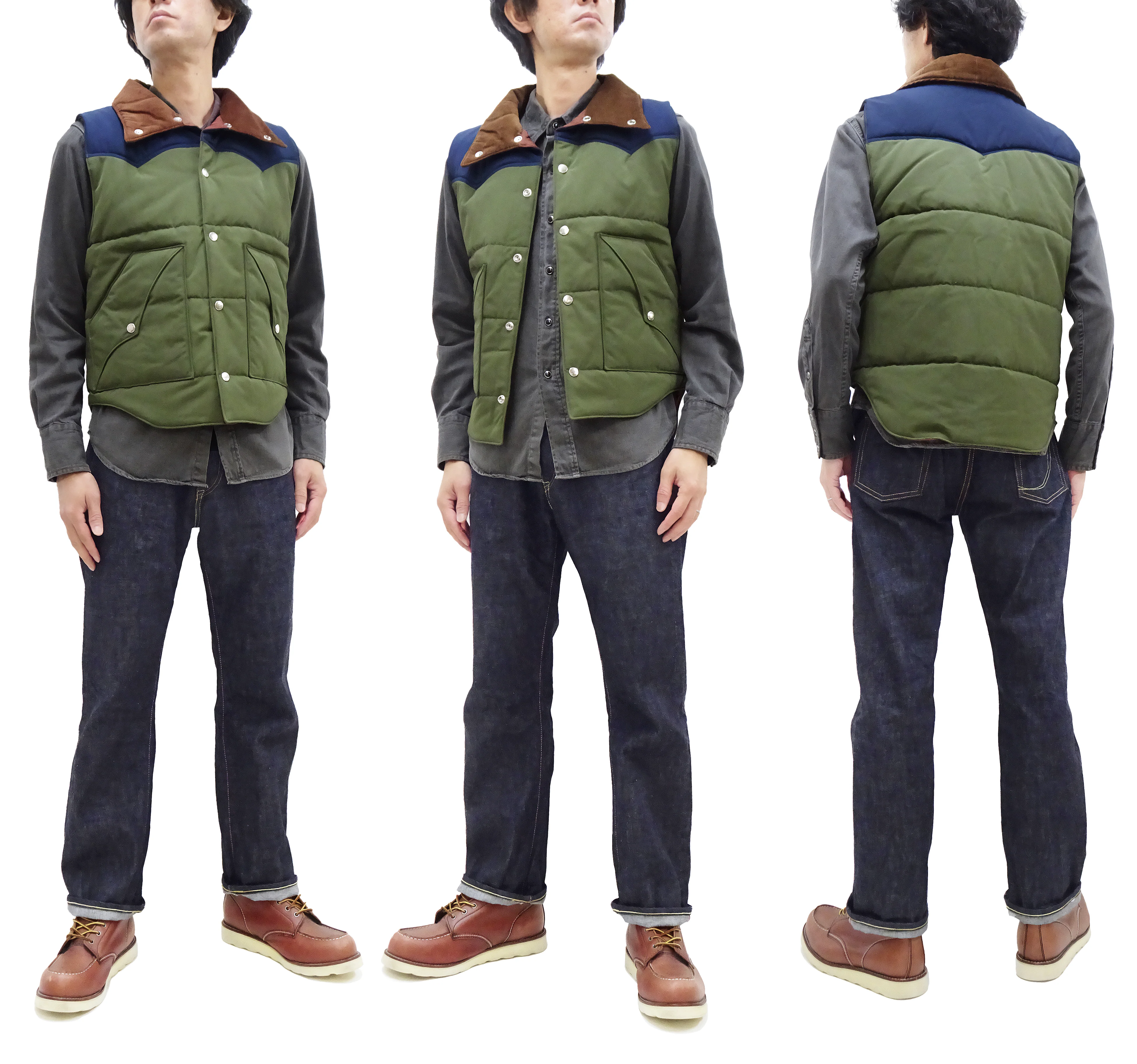 Sugar Cane Puffer Vest Men's Outer Vest Contrast Yoke Panel Padded Vest SC15400 149 Olive/Navy-Blue/Brown - Image 3