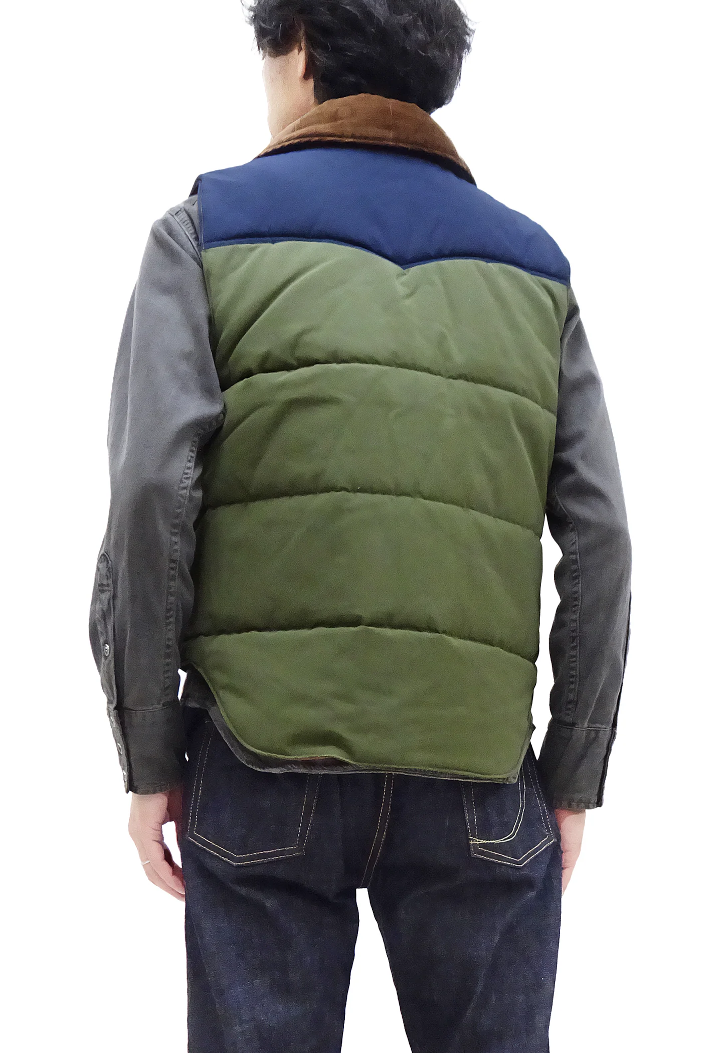Sugar Cane Puffer Vest Men's Outer Vest Contrast Yoke Panel Padded Vest SC15400 149 Olive/Navy-Blue/Brown - Image 5