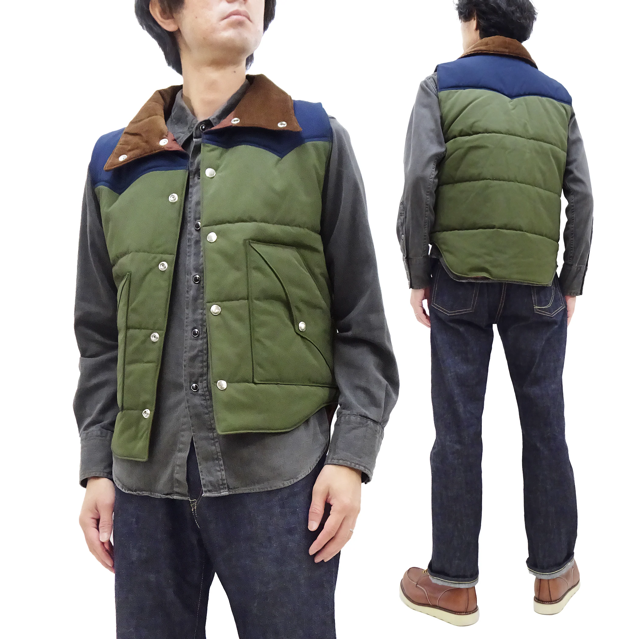 Sugar Cane Puffer Vest Men's Outer Vest Contrast Yoke Panel Padded Vest SC15400 149 Olive/Navy-Blue/Brown - Image 6
