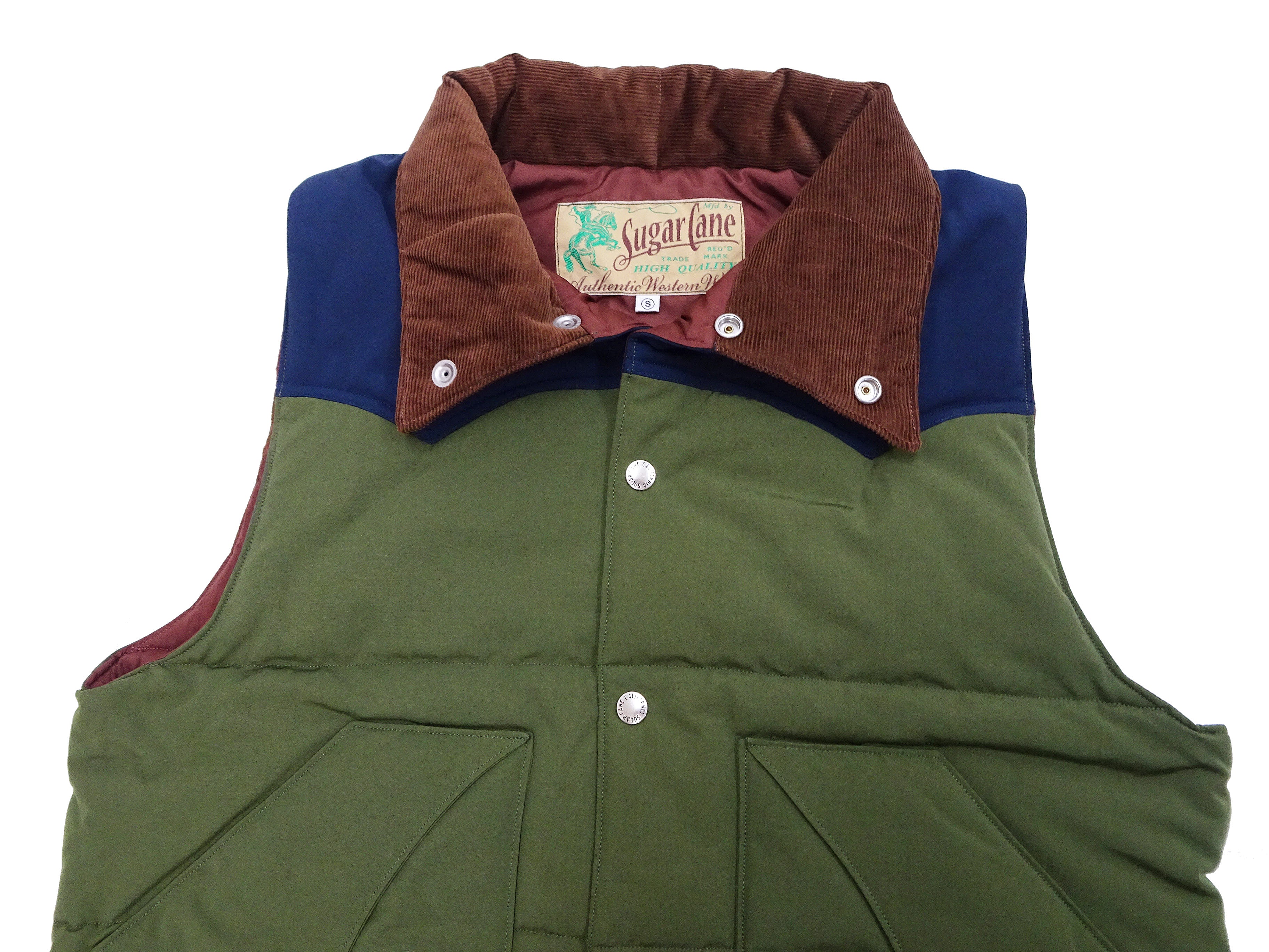 Sugar Cane Puffer Vest Men's Outer Vest Contrast Yoke Panel Padded Vest SC15400 149 Olive/Navy-Blue/Brown - Image 8